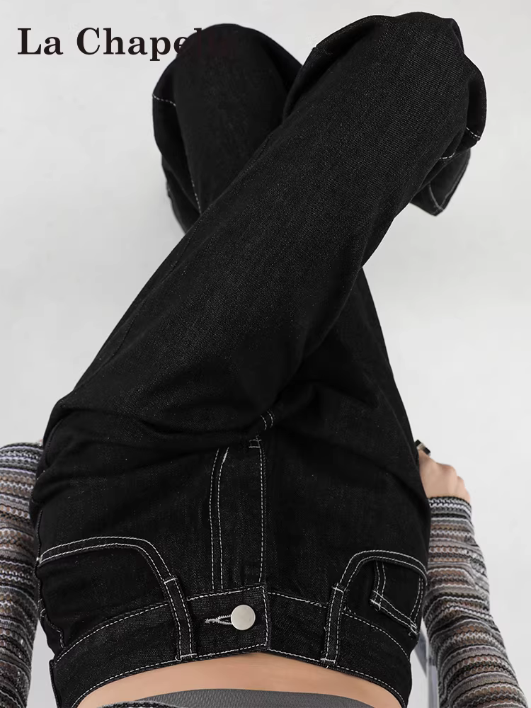 Quần jean đen ống rộng La Chapelle dành cho nữ, kiểu mới thu đông 2025, lót lông cừu, cạp cao, dáng nhỏ nhắn, quần ống thẳng rộng rãi.