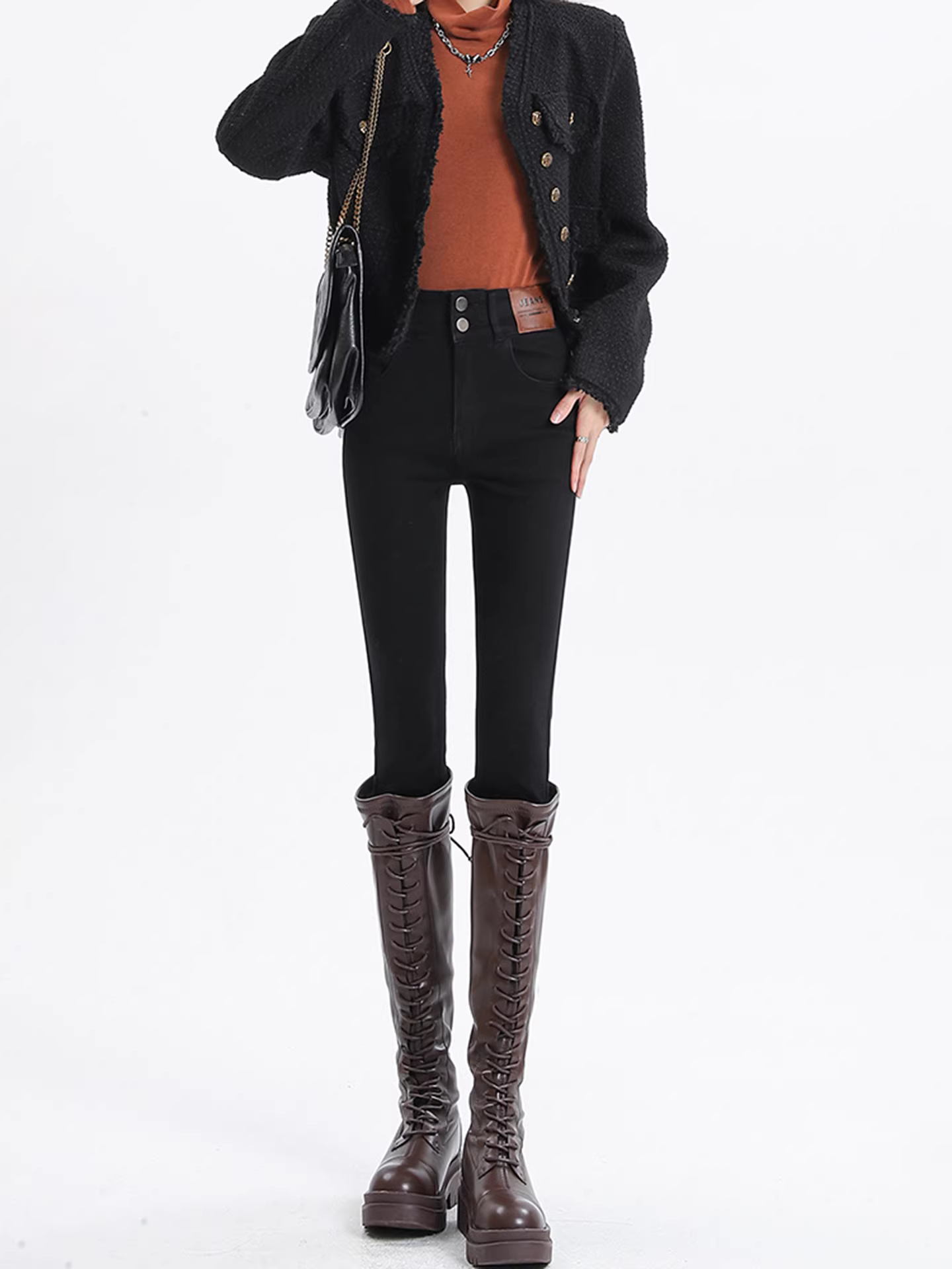 Quần jean nữ La Chapelle kiểu dáng ôm sát, lót lông dày dặn, mùa thu đông 2025, dành cho người nhỏ nhắn