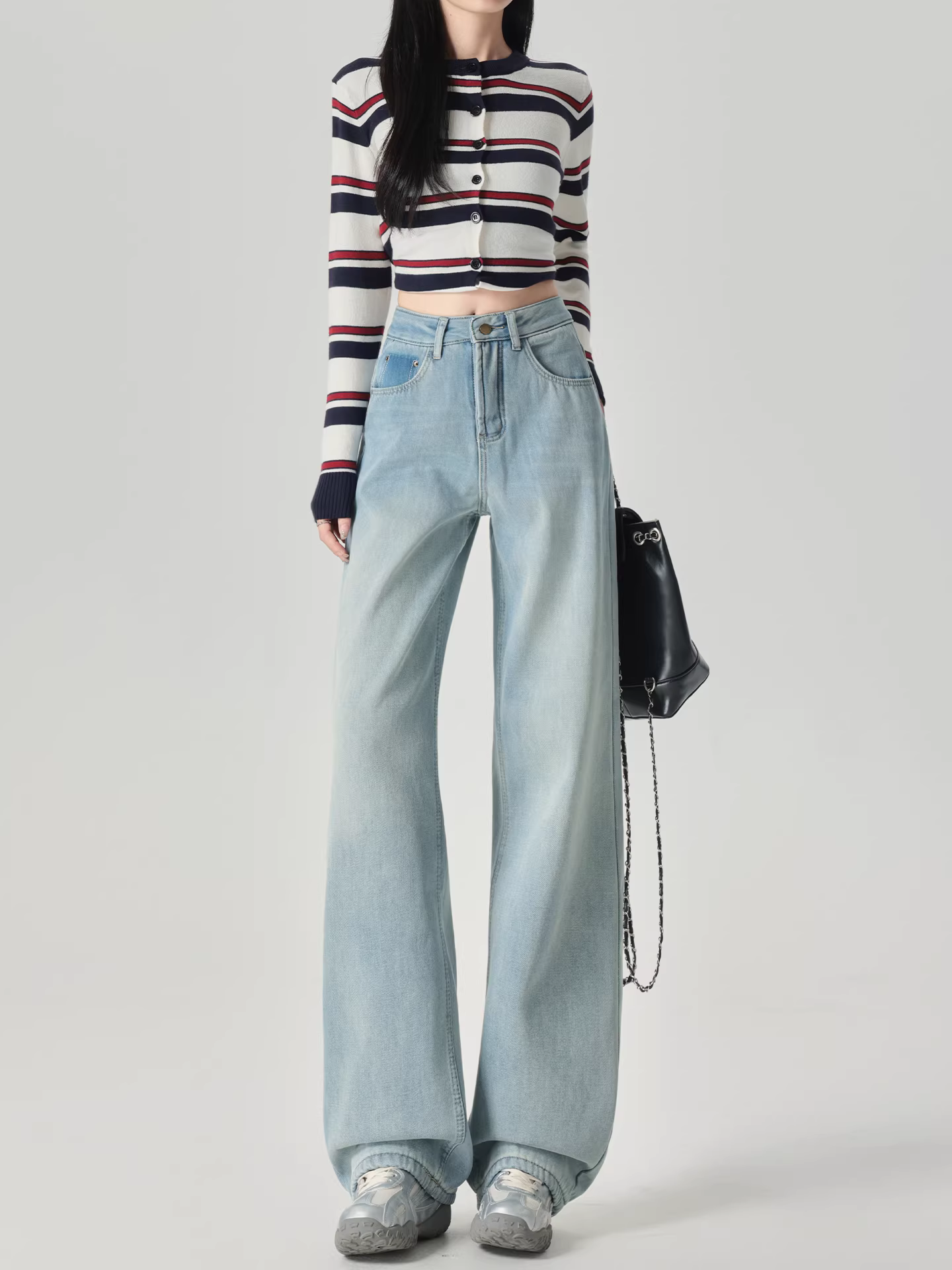 Quần jeans ống rộng dày dặn lót lông màu sáng La Chapelle dành cho nữ, mùa thu đông 2025, kiểu dáng mới, cạp cao, ôm dáng, thẳng.