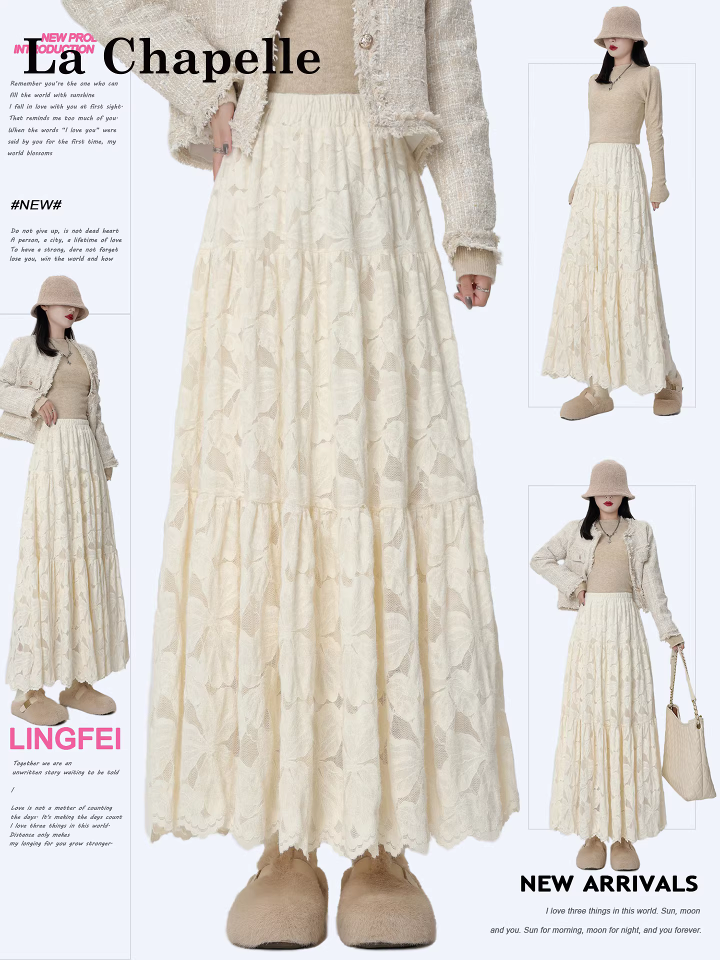 Váy bánh bèo ren La Chapelle dành cho nữ, mẫu mới thu đông 2025, cạp cao, dáng chữ A, dài trung bình, xòe rộng kiểu dù