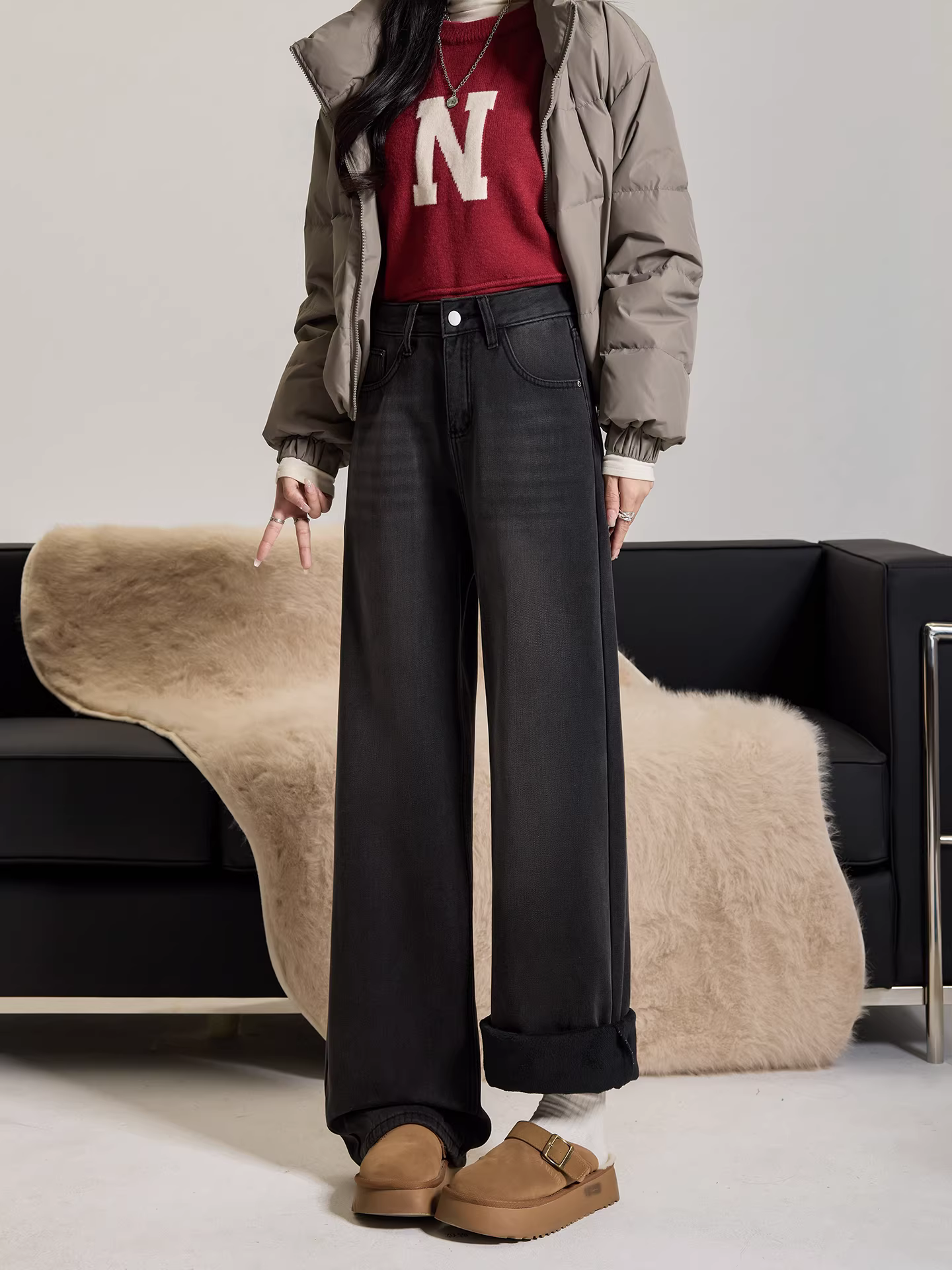 Quần jeans đen La Chapelle kiểu Mỹ cổ điển, ống rộng dành cho nữ, mẫu mới thu đông 2025, cạp cao, dáng thẳng rộng