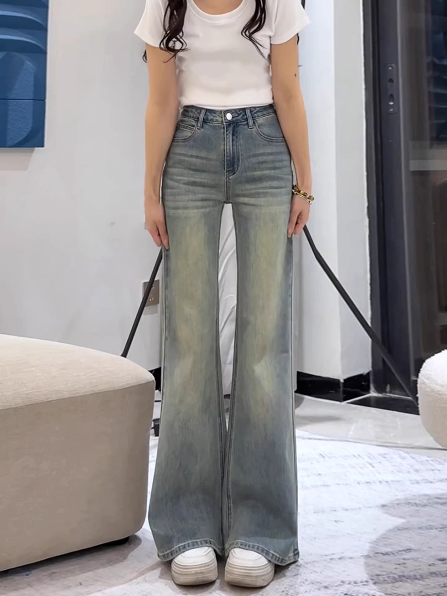 Quần jeans bootcut La Chapelle kiểu retro dành cho nữ, mẫu mới thu đông 2025, cạp cao, chất liệu co giãn, dáng loe