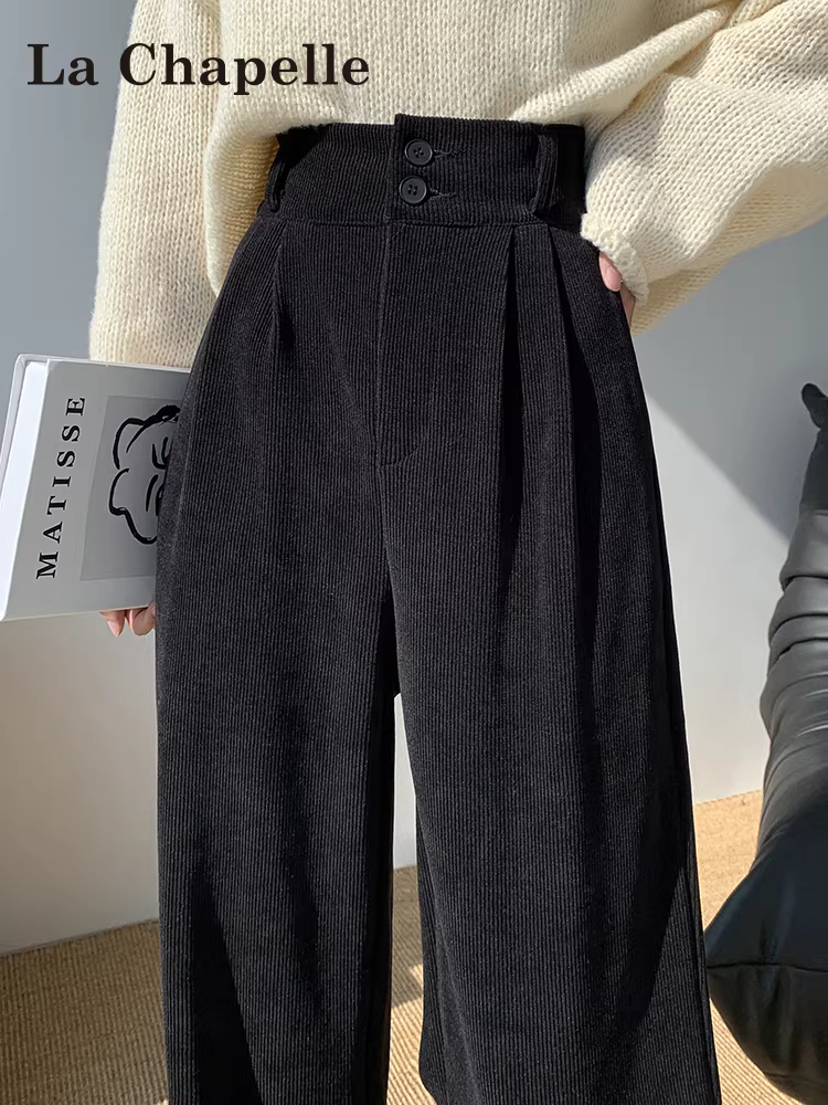 Quần ống rộng La Chapelle chất liệu nhung đen dành cho nữ, kiểu dáng mới thu đông 2025, quần ống đứng lót lông cừu dày dặn dành cho người nhỏ nhắn.