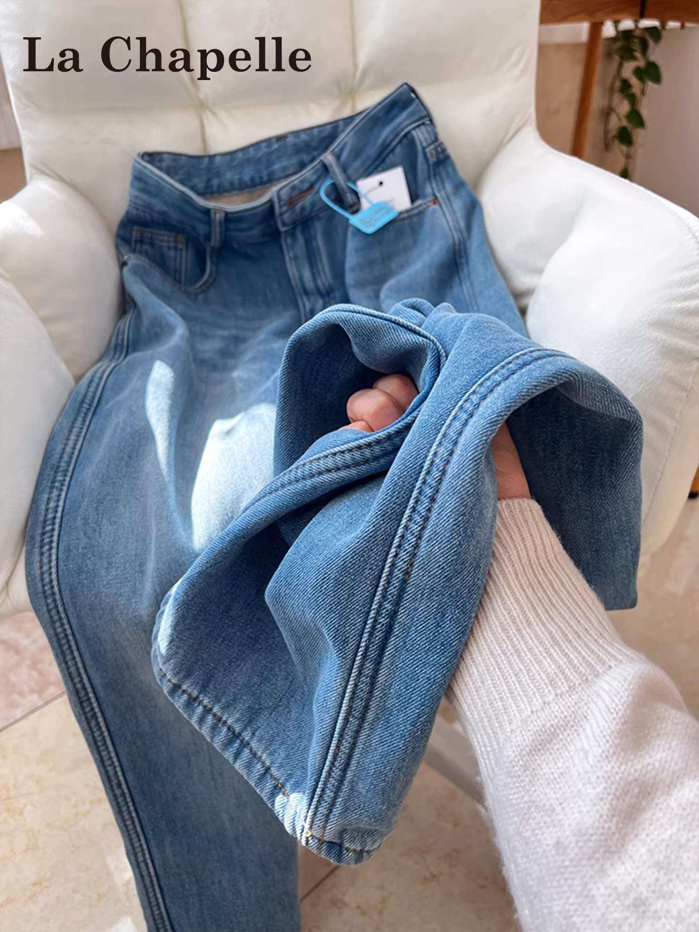 Quần jeans ống rộng lót lông cừu dáng ôm La Chapelle dành cho nữ, kiểu mới thu đông 2025, quần ống đứng lưng cao dáng rộng dành cho người nhỏ nhắn.