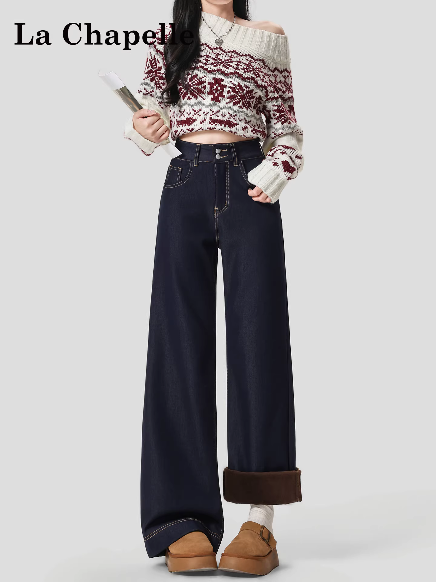 Quần jeans ống rộng dày dặn lót lông cừu La Chapelle dành cho nữ, mẫu mới thu đông 2025, dáng thẳng, size nhỏ nhắn