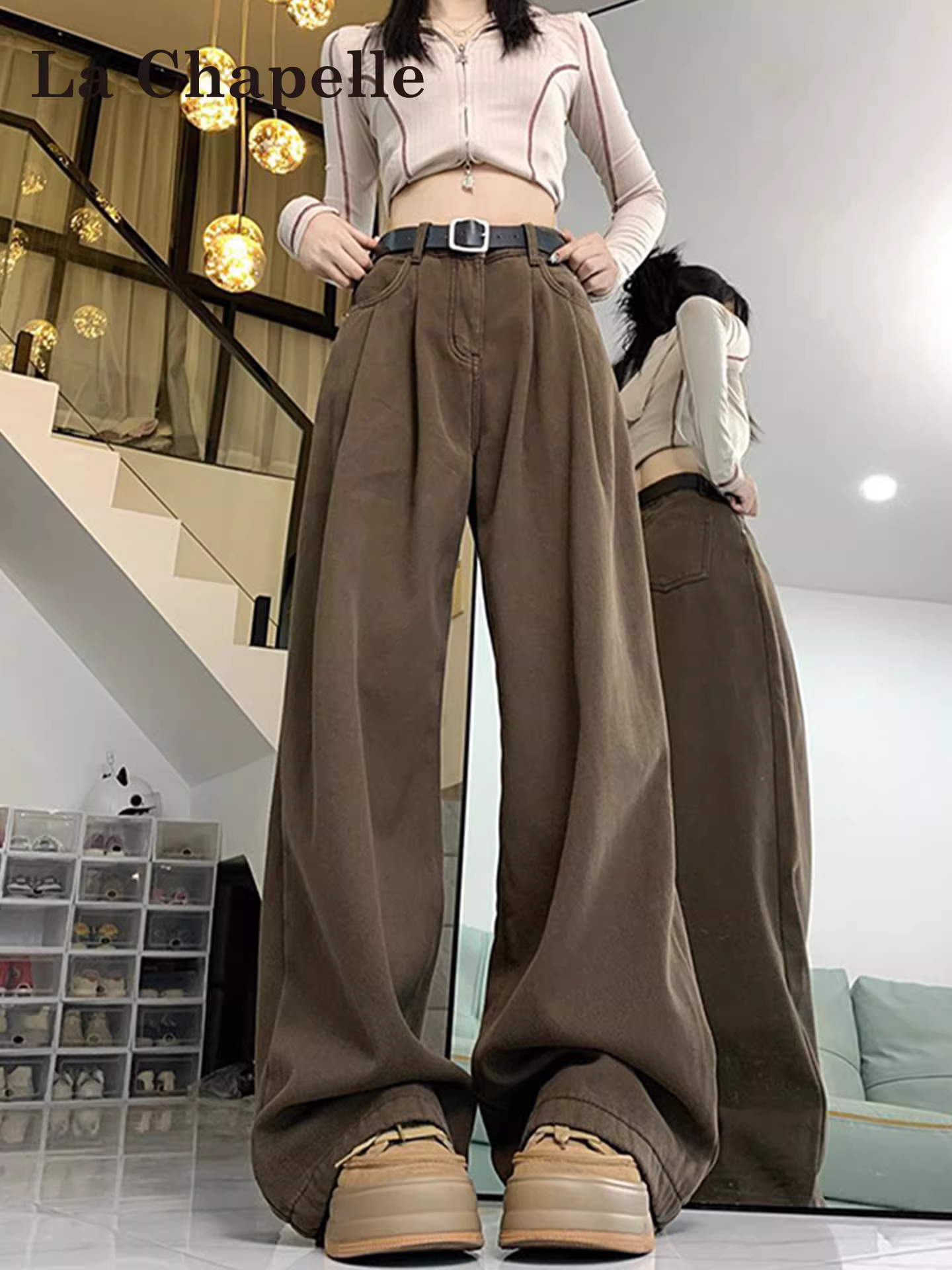 Quần jean ống rộng màu cà phê La Chapelle dành cho nữ, kiểu mới thu đông 2025, cạp cao, dáng rộng, lót lông, dày dặn, ống thẳng.