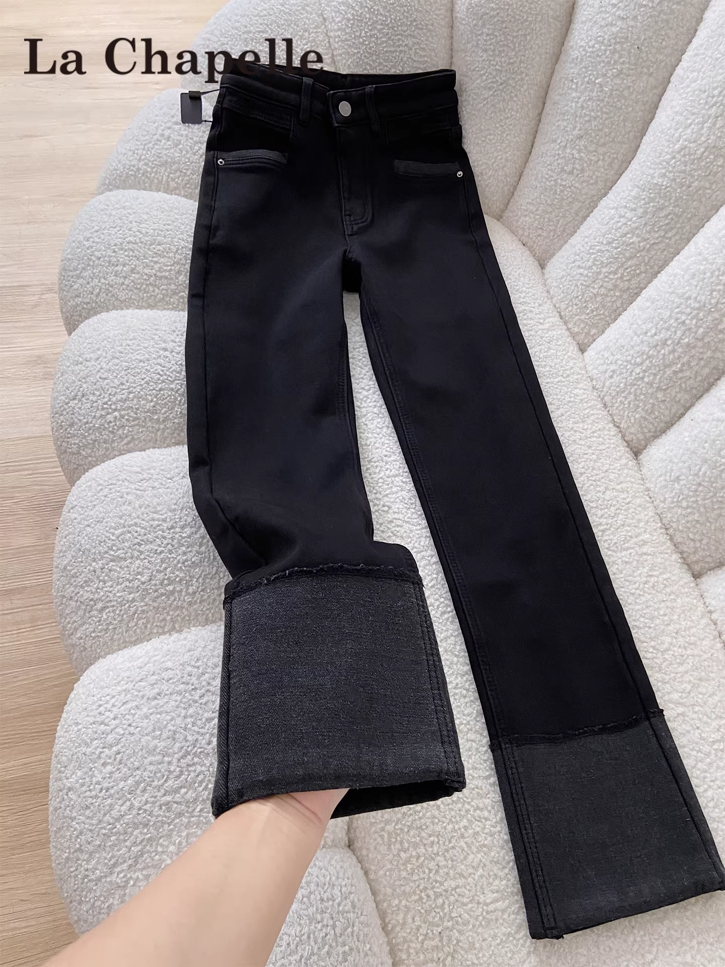 Quần jeans ống đứng dày lót lông La Chapelle dành cho nữ, mẫu mới thu đông 2025, cạp cao, ôm dáng, kiểu dáng quần thuốc lá