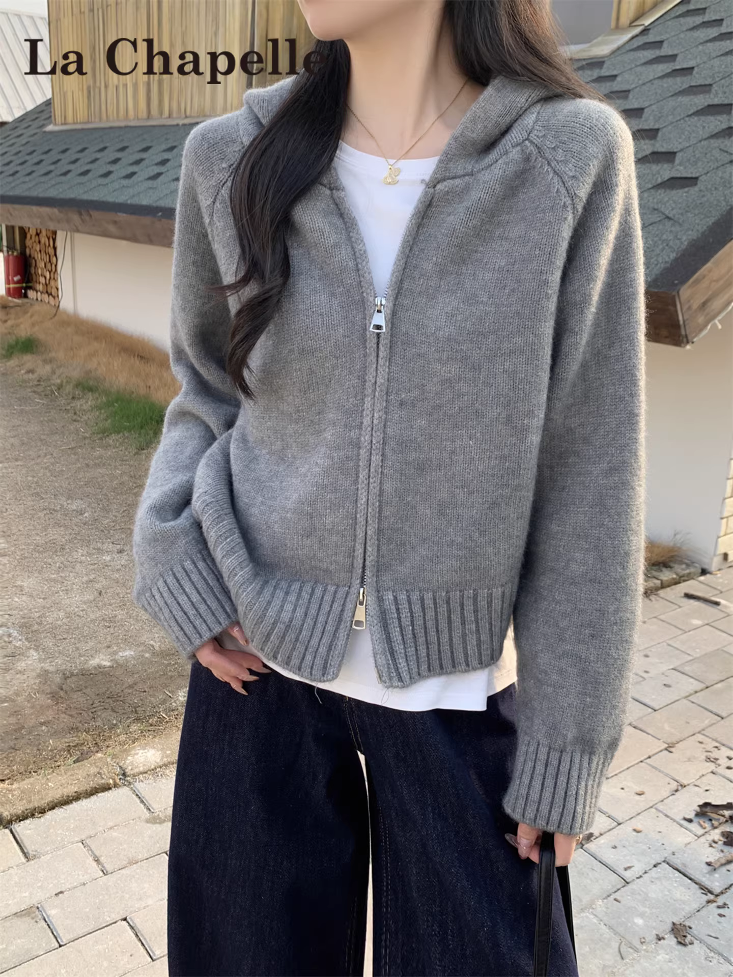 Áo khoác cardigan len dệt kim dài tay có mũ La Chapelle dành cho nữ, mẫu mới thu đông 2025, khóa kéo đôi, kiểu dáng thường ngày