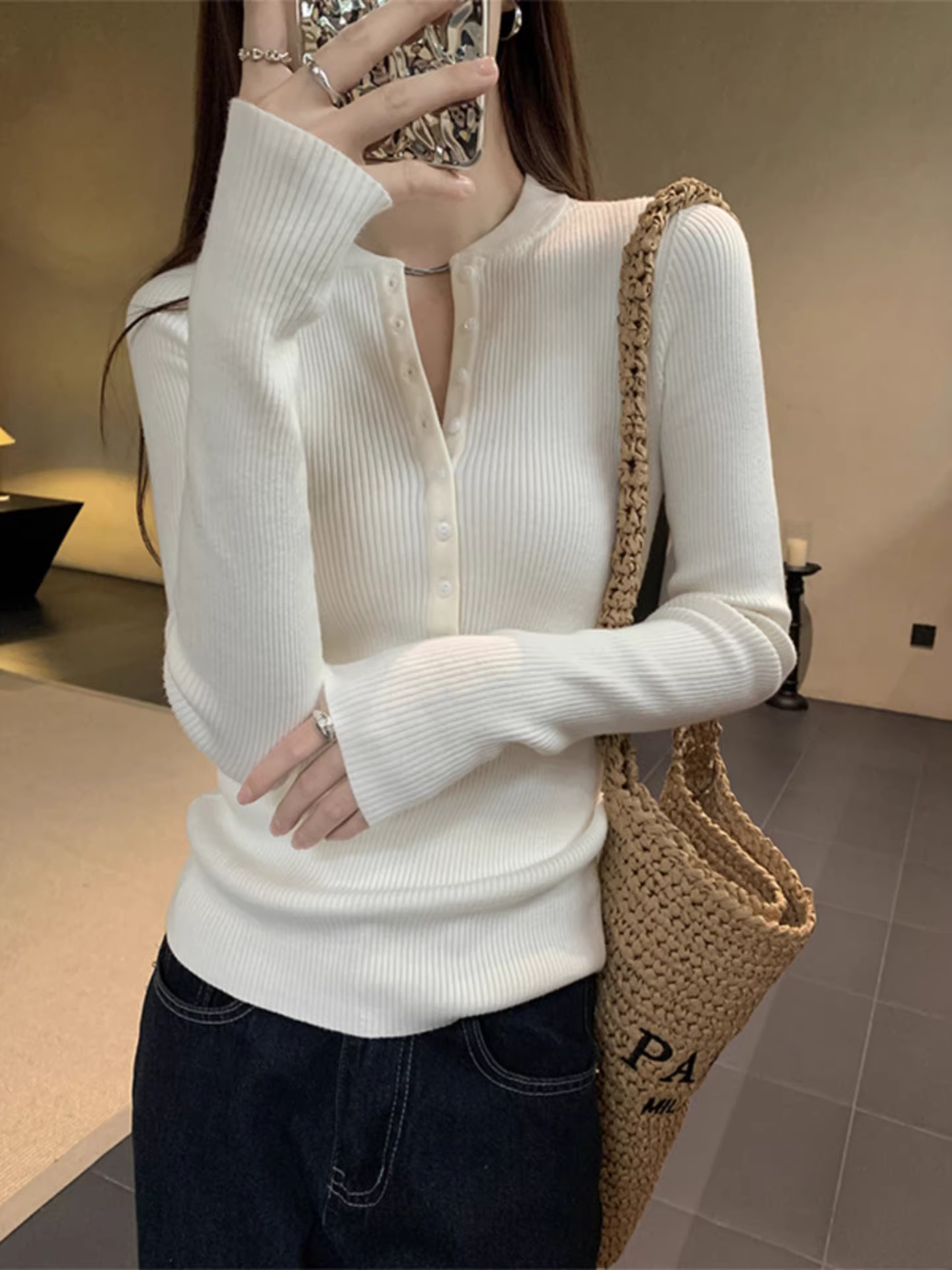 Áo len dệt kim cổ nửa mở La Chapelle dành cho nữ, mẫu mới thu đông 2025, ôm dáng, mặc lót bên trong