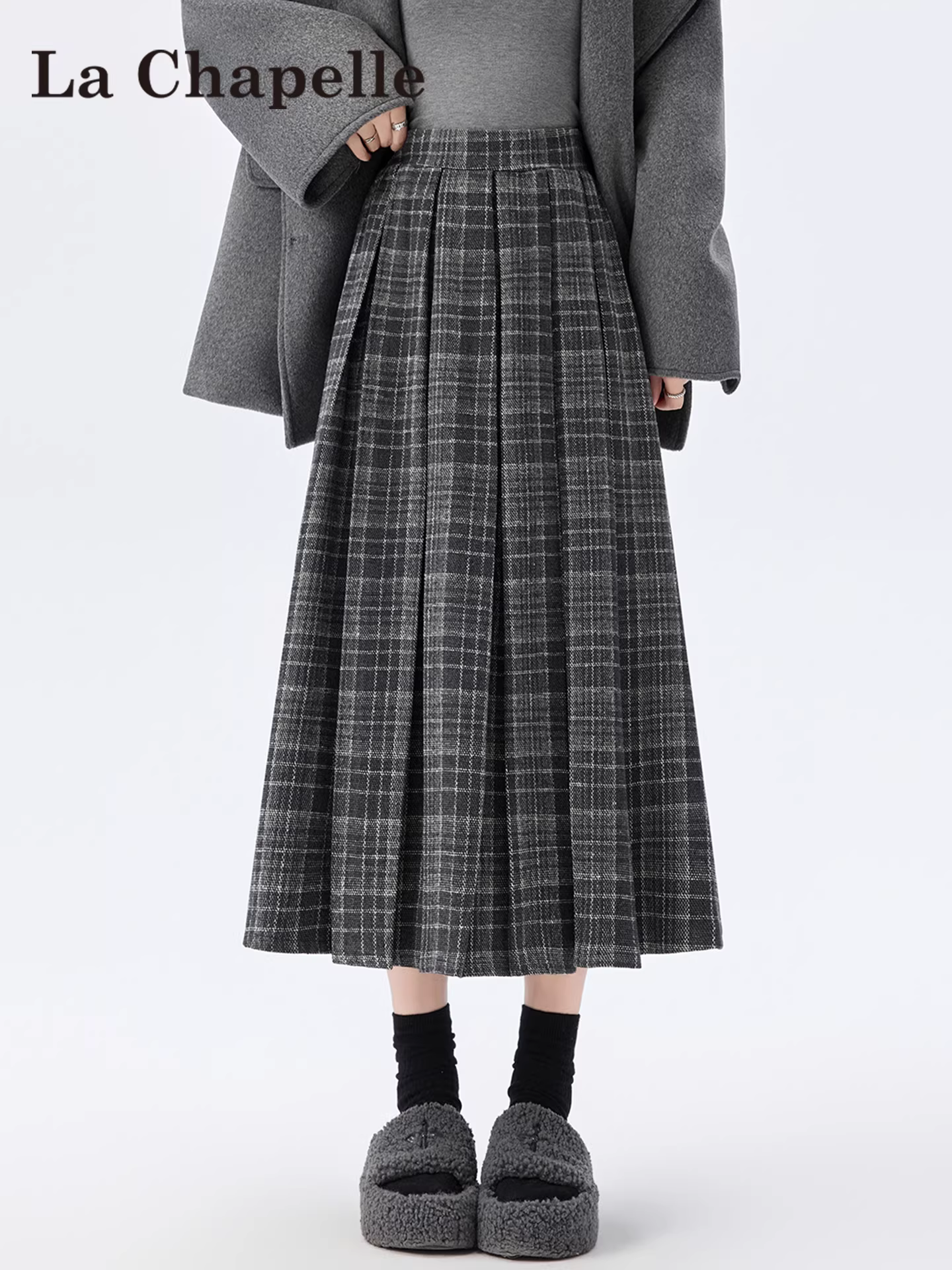 Váy len kẻ sọc màu xám La Chapelle dành cho nữ 2025 mới thu đông dáng nhỏ eo cao tôn dáng dài