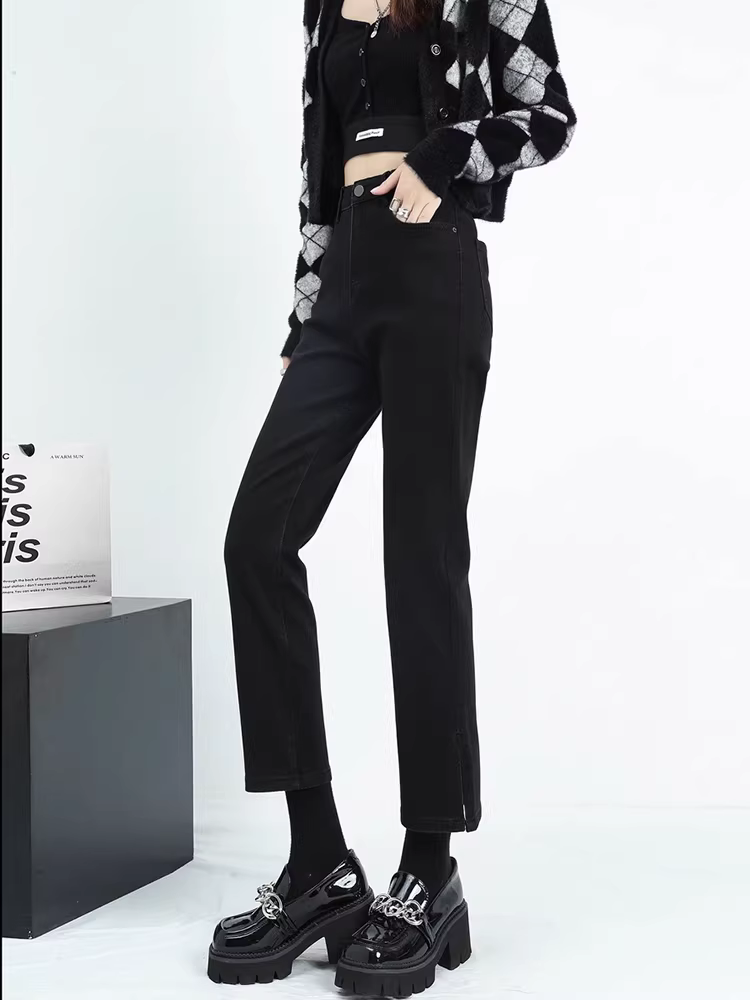 Quần jeans La Chapelle dáng ôm thẳng dành cho nữ, mẫu mới thu đông 2025, cạp cao, co giãn, xẻ tà, kiểu dáng cigarette ngắn