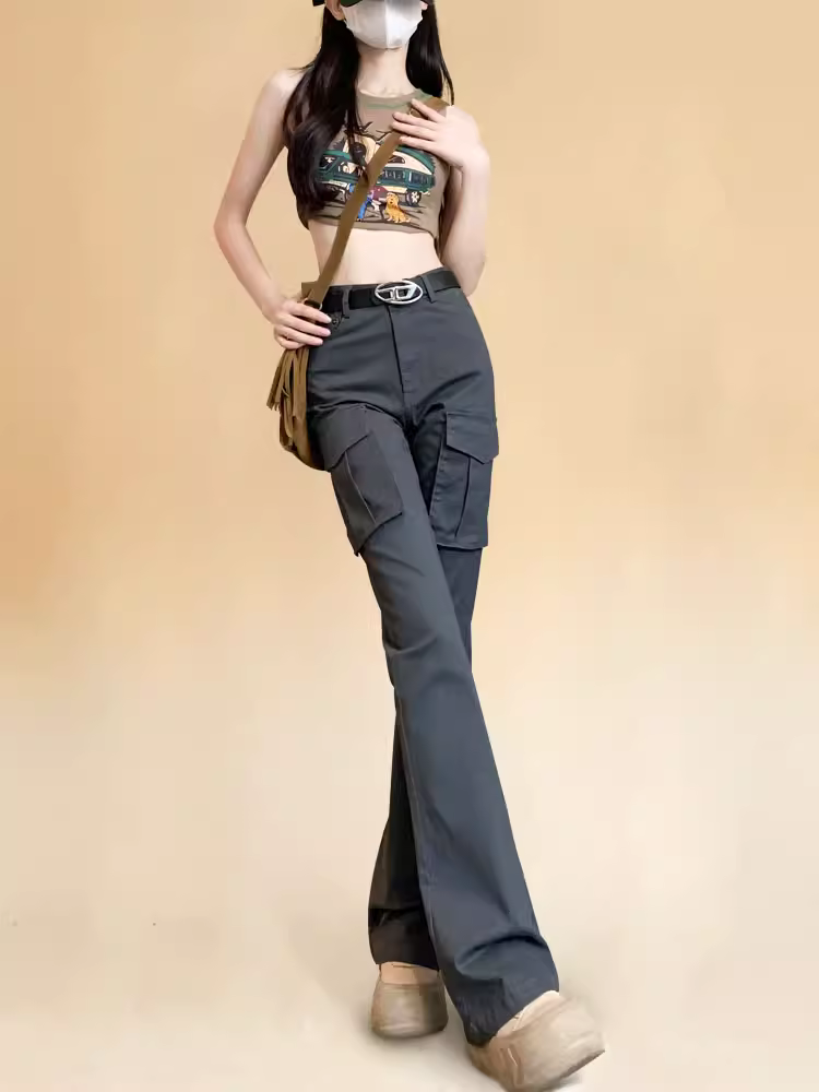 Quần cargo dáng rộng La Chapelle dành cho nữ, kiểu mới thu đông 2025, phong cách Mỹ, cạp cao, dáng nhỏ nhắn, quần ống loe dài chấm đất.