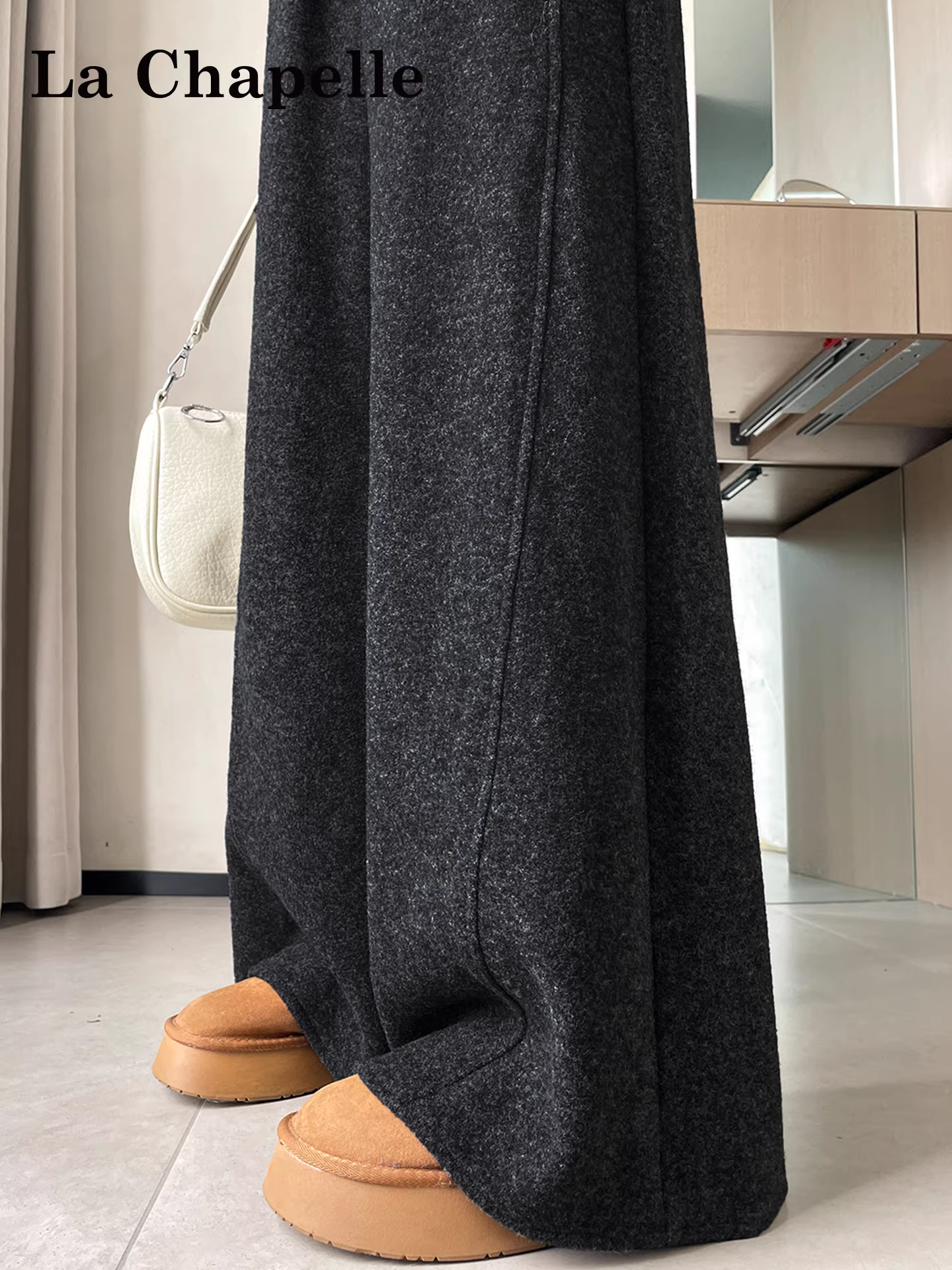 Quần ống rộng lót lông cừu màu xám La Chapelle dành cho nữ 2025 mới mùa thu đông quần ống rộng dáng rộng dài đến sàn