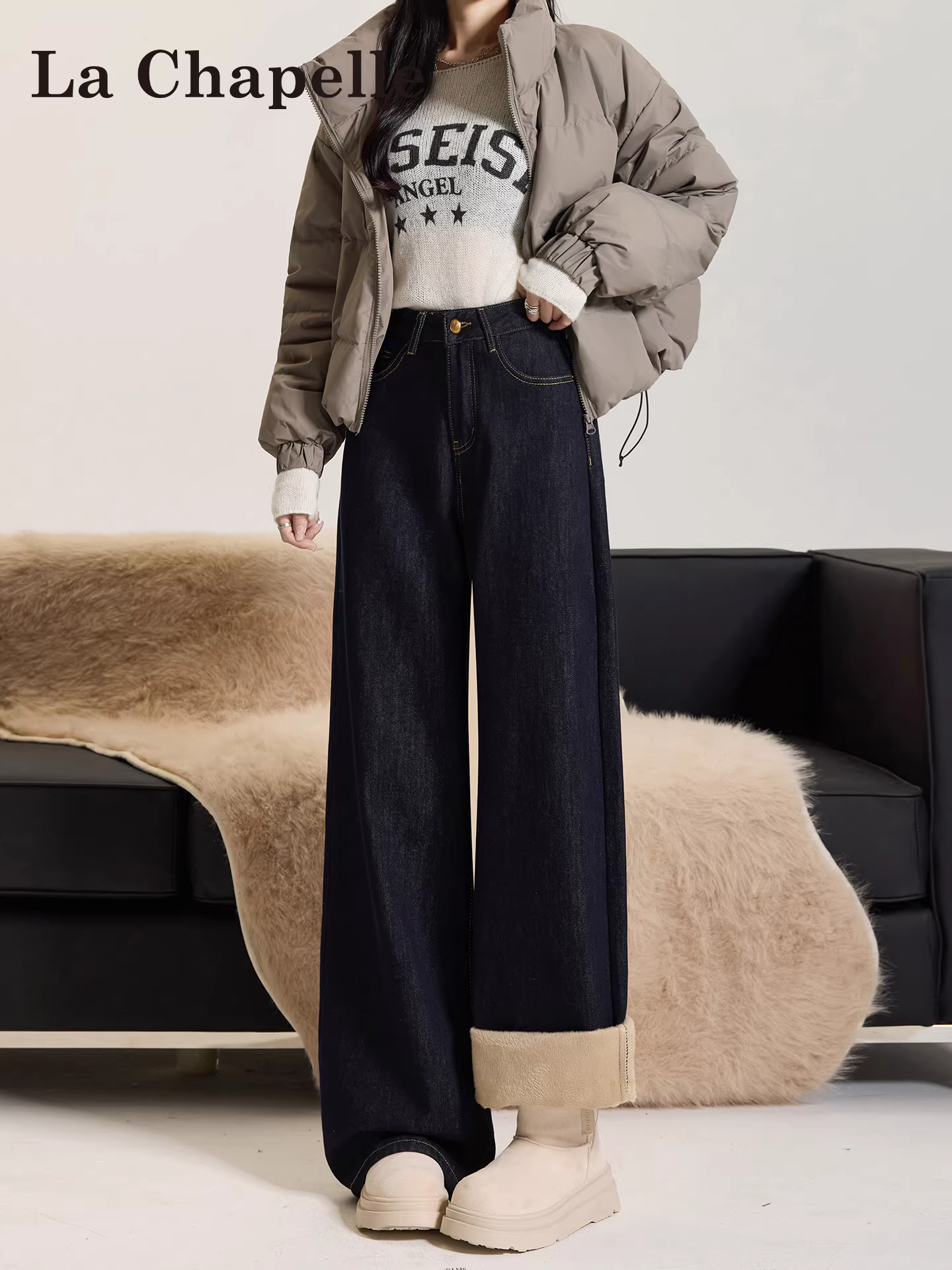 Quần jeans ống rộng dày dặn lót lông màu xanh đậm La Chapelle dành cho nữ, kiểu mới thu đông 2025, quần dáng nhỏ nhắn