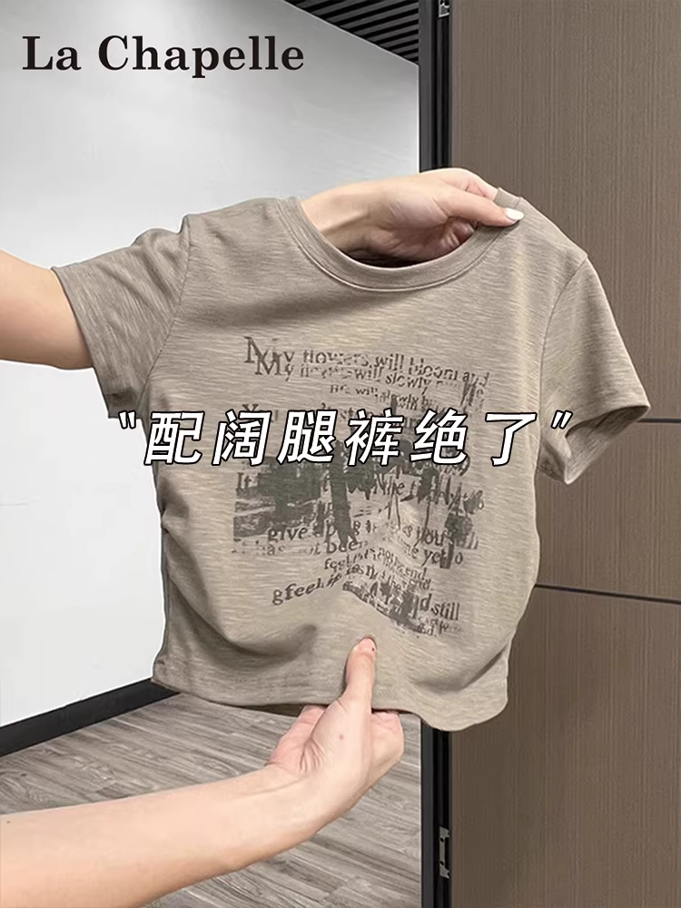 Áo thun nữ tay ngắn in hình phong cách Mỹ La Chapelle, kiểu dáng ôm body, thiết kế mới mùa hè 2025