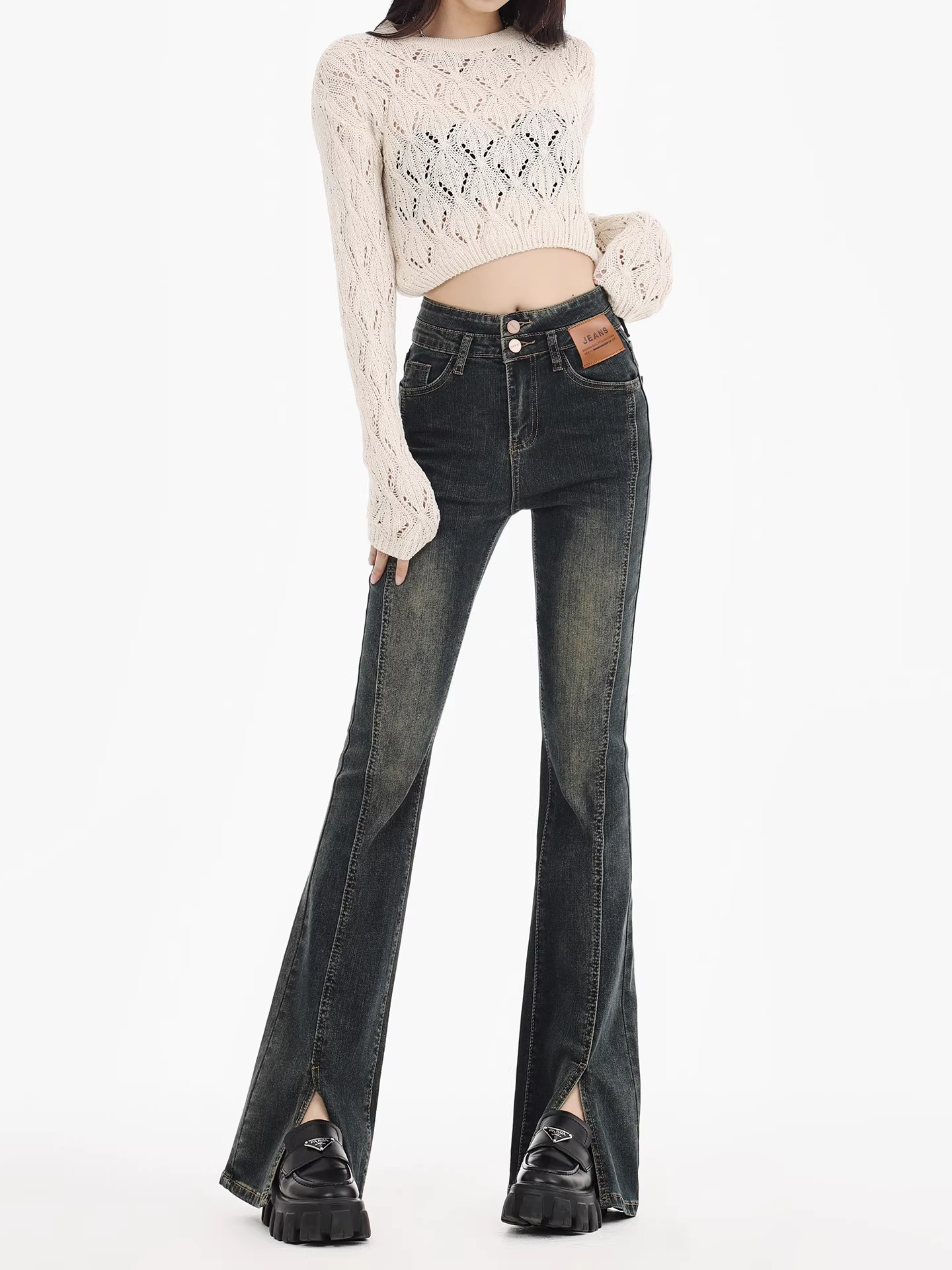 Quần jeans nữ La Chapelle kiểu Mỹ cổ điển, lót lông dày, dáng loe, mùa thu đông 2025, ôm dáng, ống chuông