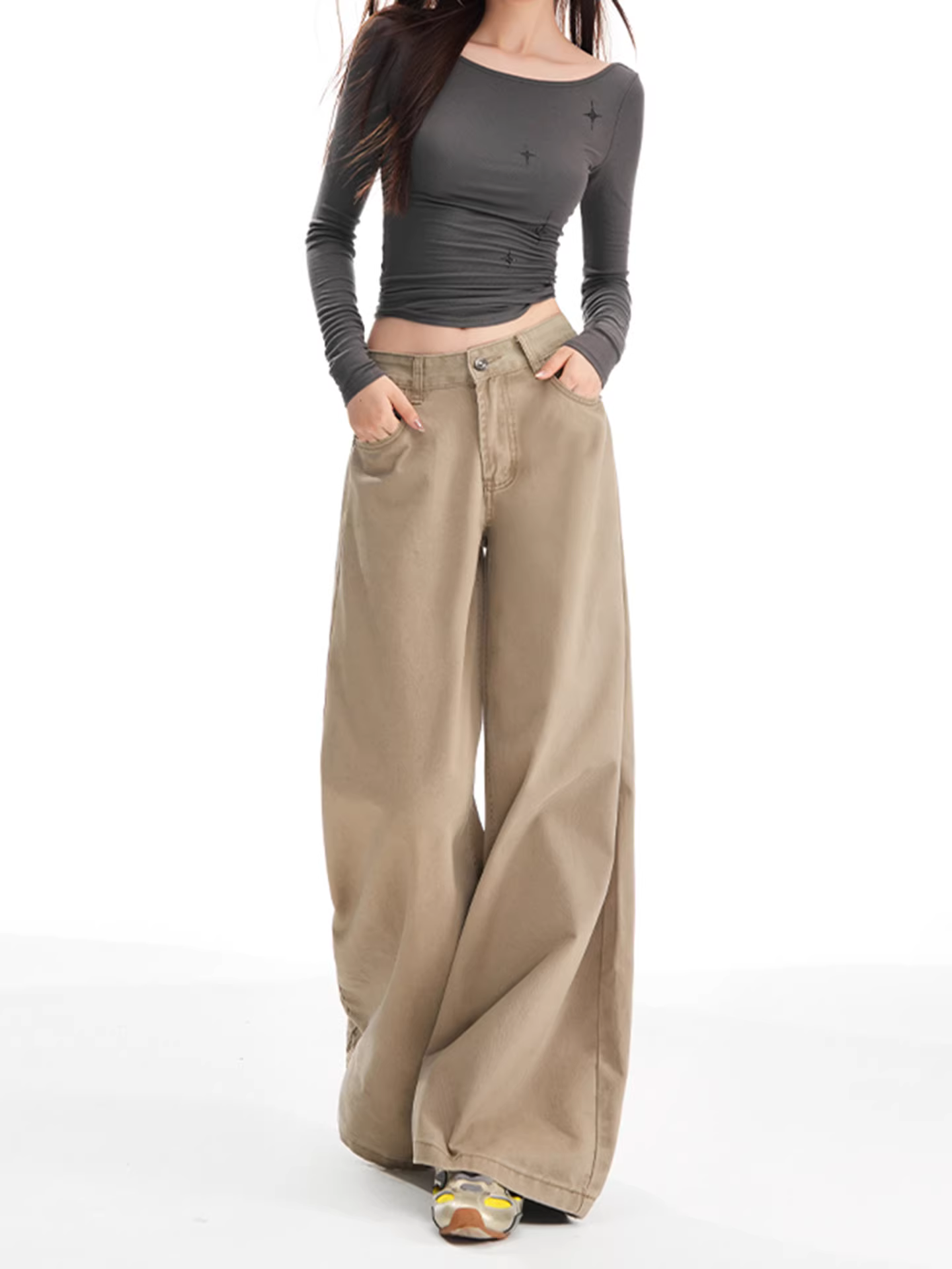 Quần jeans ống rộng lót lông cừu dày dặn La Chapelle dành cho nữ, mẫu mới thu đông 2025, cạp cao, dáng thẳng, chất liệu mềm mại