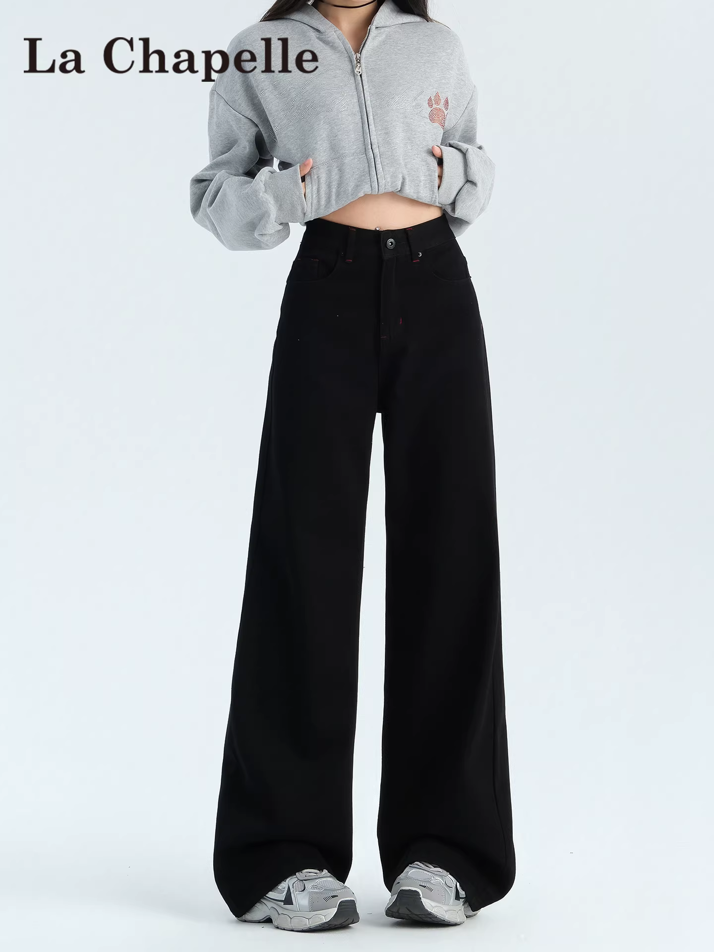 Quần jean ống rộng lót lông cừu đen La Chapelle dành cho nữ, mùa thu đông 2025, kiểu dáng mới, cạp cao, dáng rộng, ống thẳng