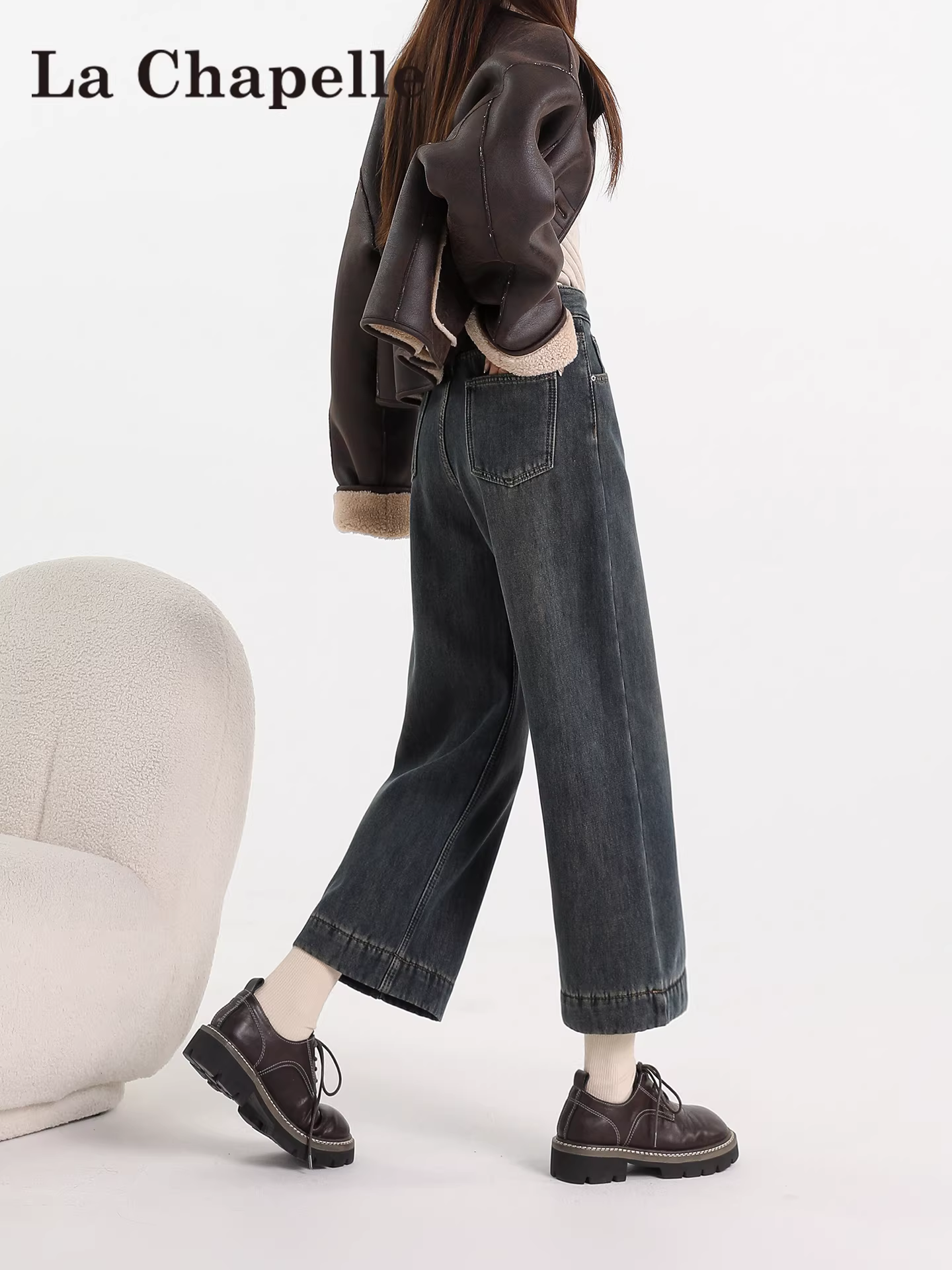 Quần jeans ống rộng lót lông cừu La Chapelle dành cho nữ, mẫu mới thu đông 2025, cạp cao, dáng rộng, dài đến mắt cá chân, kiểu bà ngoại