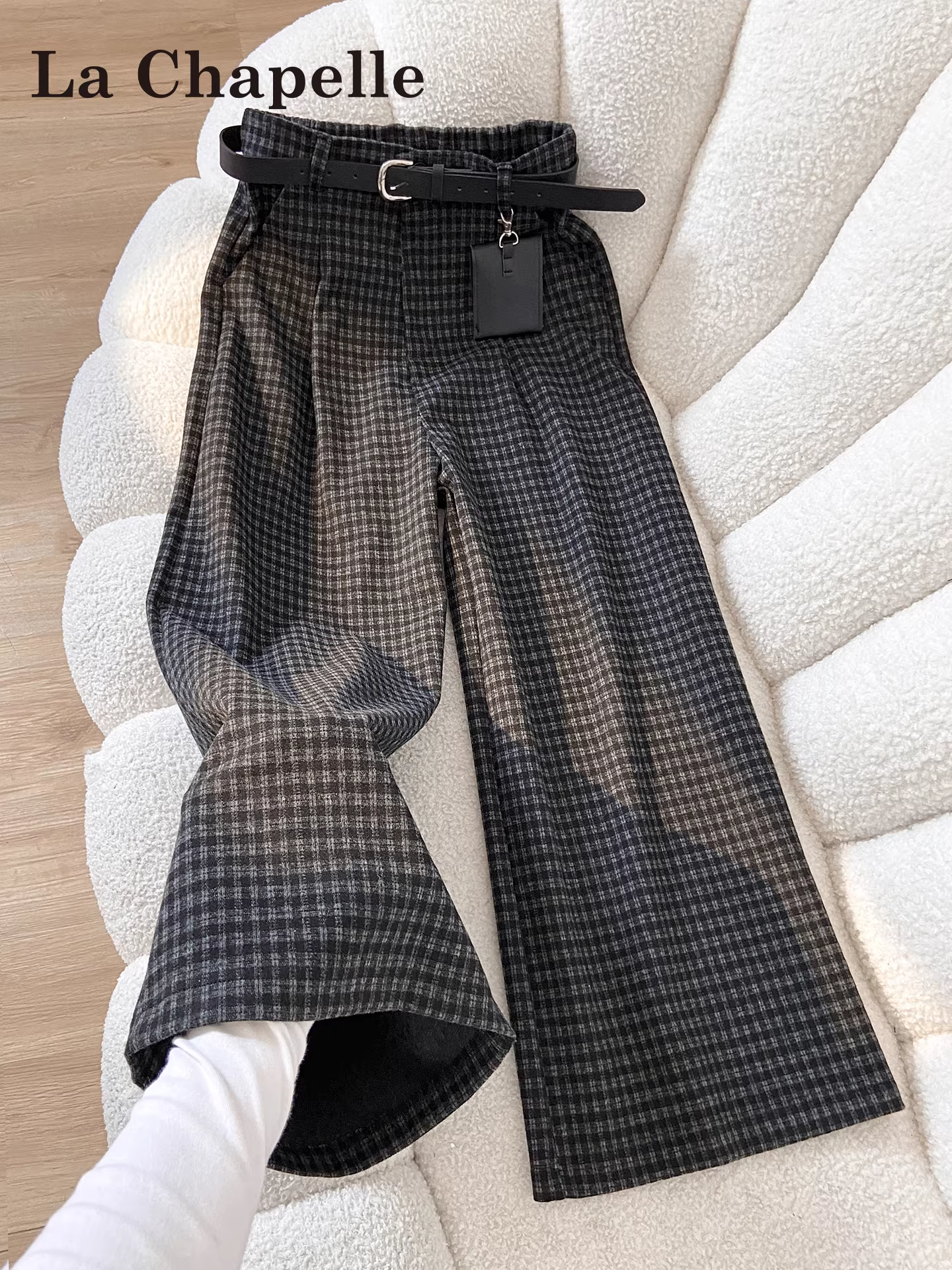 Quần ống rộng kẻ ca rô len đen La Chapelle dành cho nữ, mẫu mới thu đông 2025, cạp cao, dáng rộng, thẳng