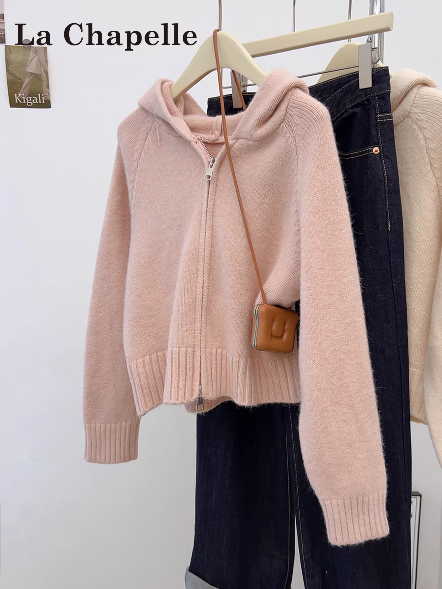 Áo cardigan len dệt kim dài tay có mũ màu hồng La Chapelle dành cho nữ, mẫu mới thu đông 2025, áo khoác ngoài có khóa kéo đôi