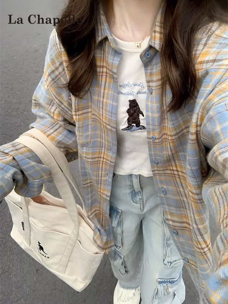 Áo sơ mi kẻ caro dài tay La Chapelle dành cho nữ, mẫu mới thu 2025, phong cách retro, dáng rộng, kiểu cardigan