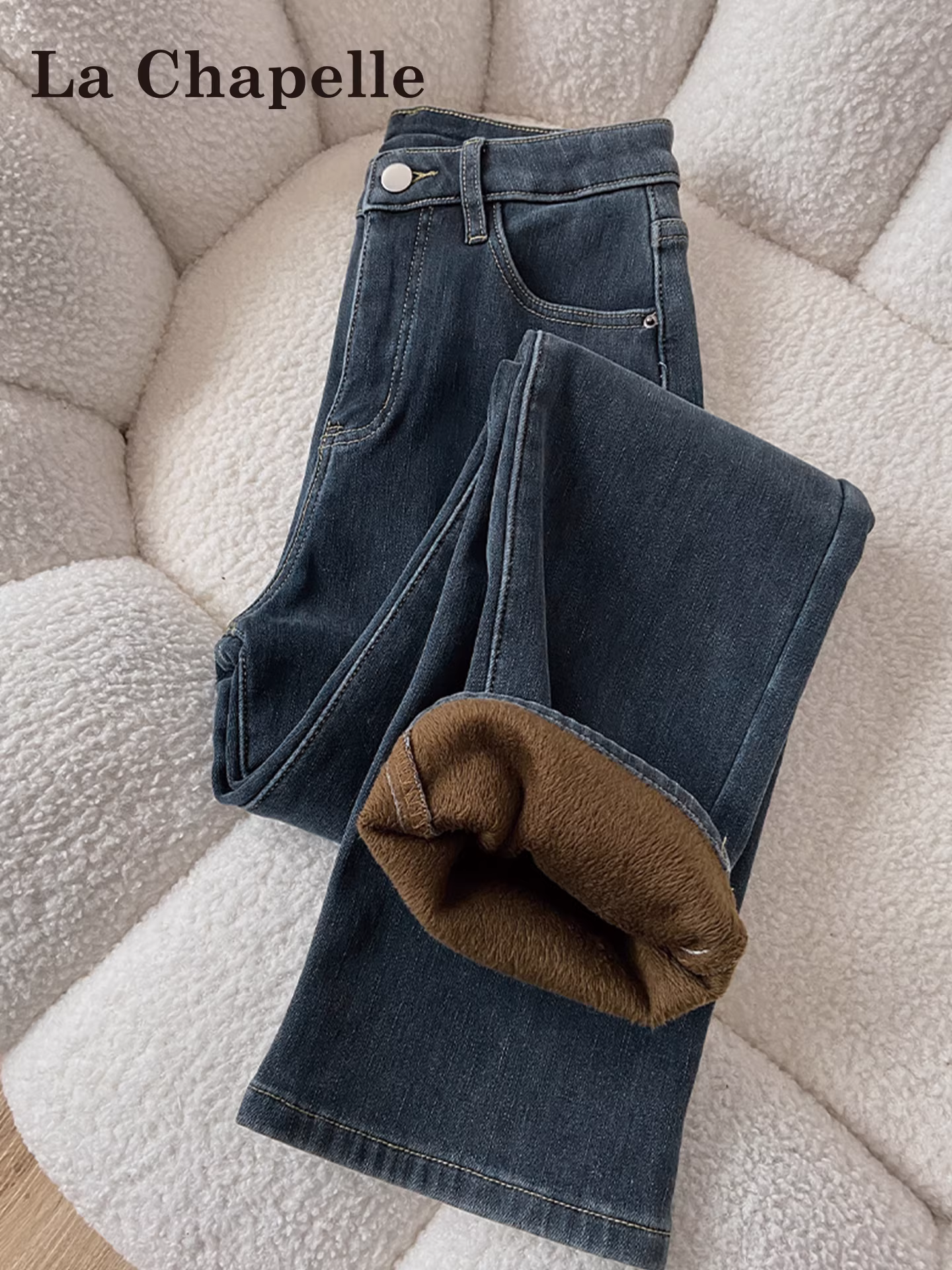 Quần jean La Chapelle dáng ôm, lót lông, ống thẳng dành cho nữ, mẫu mới thu đông 2025, quần ống đứng cạp cao dành cho người nhỏ nhắn.