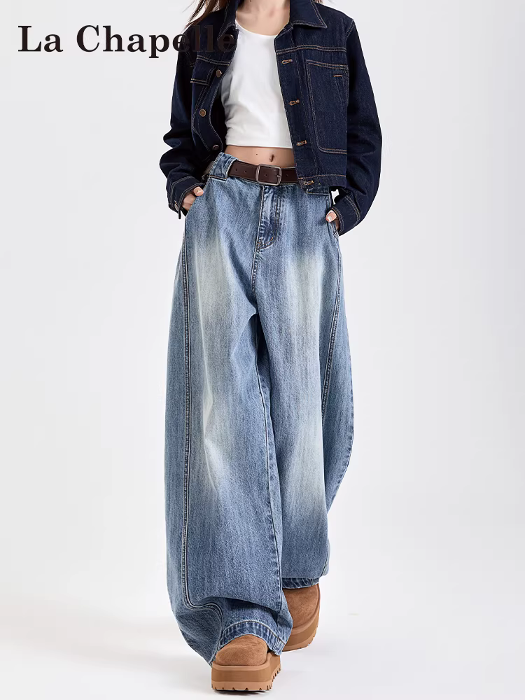 Quần jeans ống rộng La Chapelle dành cho nữ, mẫu mới xuân thu 2025, cạp cao, dáng suôn dài chấm đất.