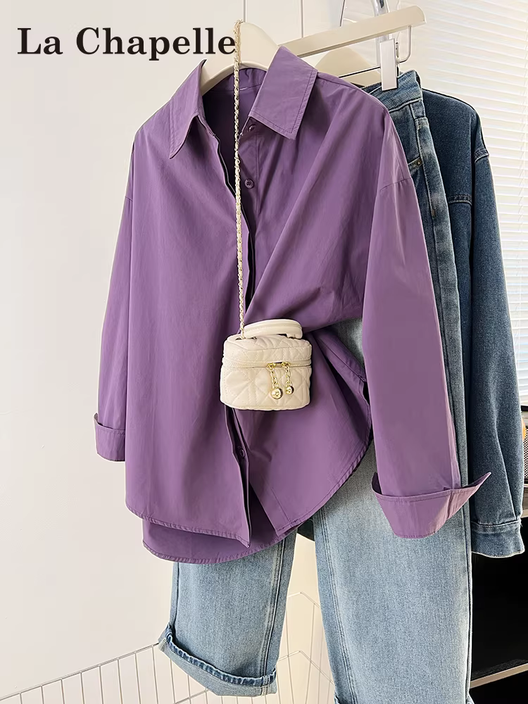 Áo sơ mi dài tay màu tím La Chapelle dành cho nữ, mẫu mới thu 2025, kiểu dáng rộng, chất liệu cao cấp.