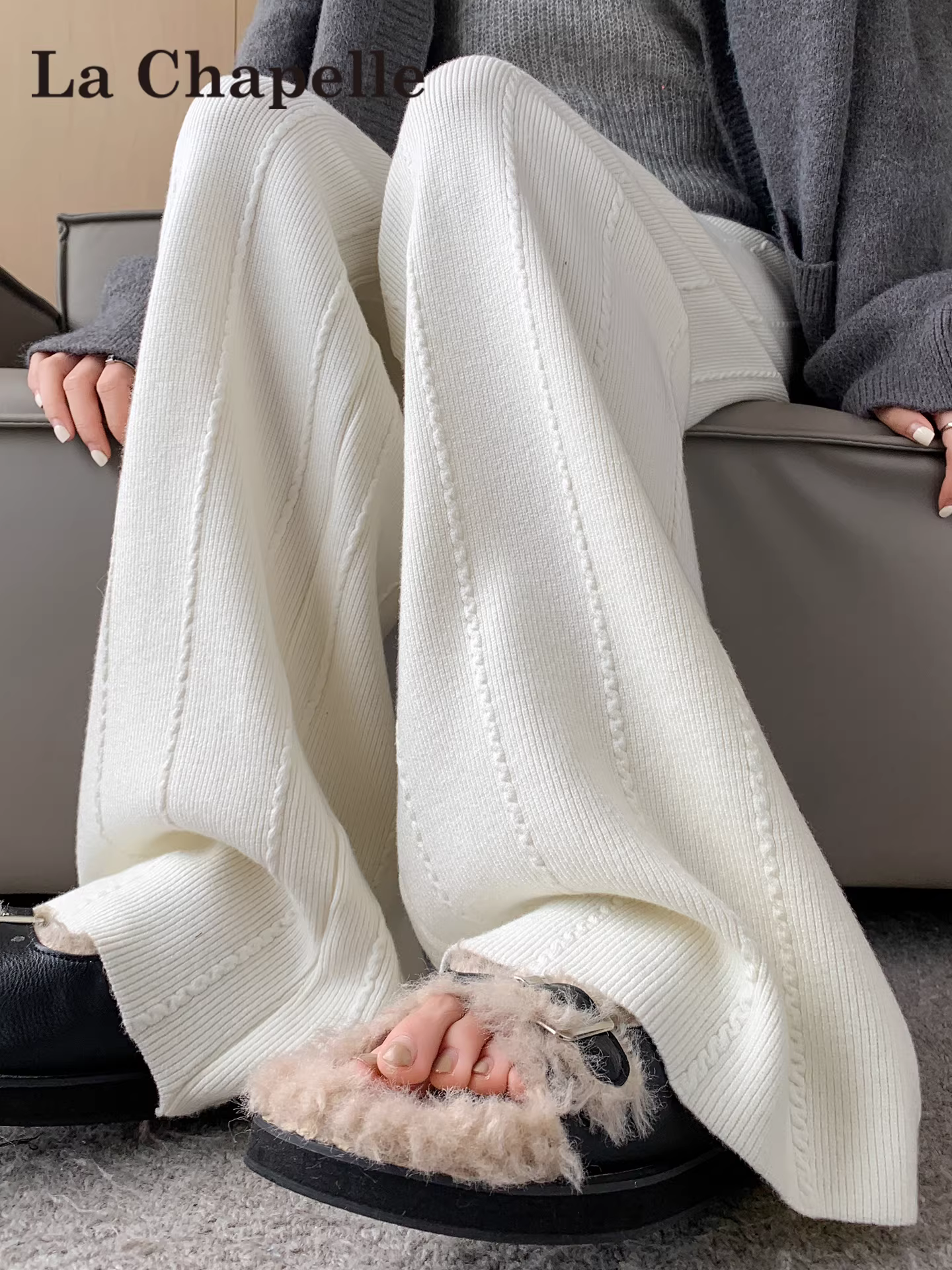 Quần ống rộng dệt kim trắng La Chapelle dành cho nữ, mùa thu đông 2025, kiểu dáng mới, cạp cao, dáng thẳng, chất liệu mềm mại, phong cách thường ngày