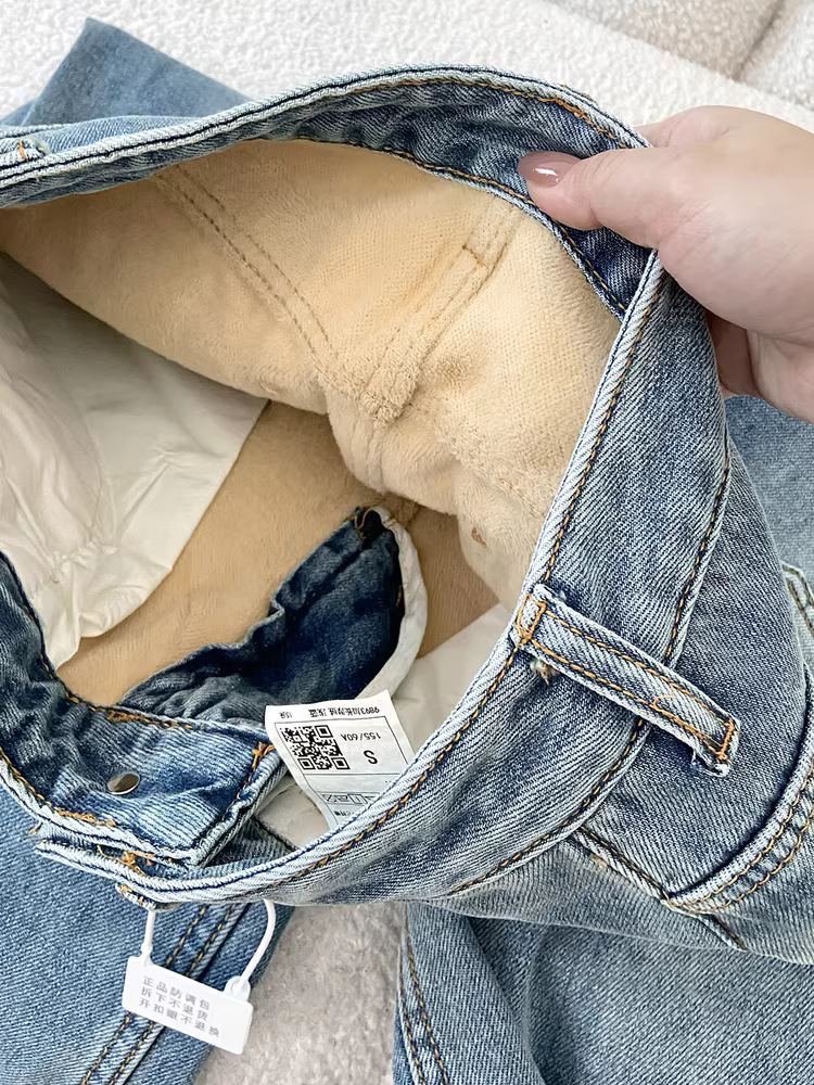 Quần jeans ống rộng dày dặn lót lông màu sáng La Chapelle dành cho nữ, mùa thu đông 2025, kiểu dáng mới cạp cao, dáng thẳng, chất liệu mềm mại