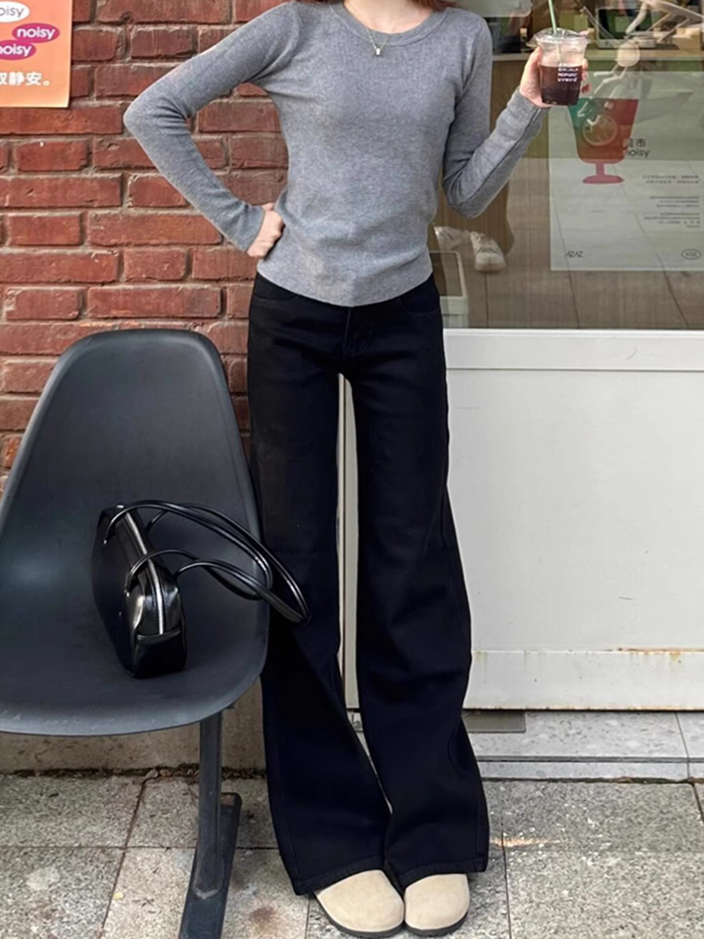 Quần jeans ống loe dày dặn lót lông cừu đen La Chapelle dành cho nữ, mẫu mới mùa đông 2025, cạp cao, dáng xòe