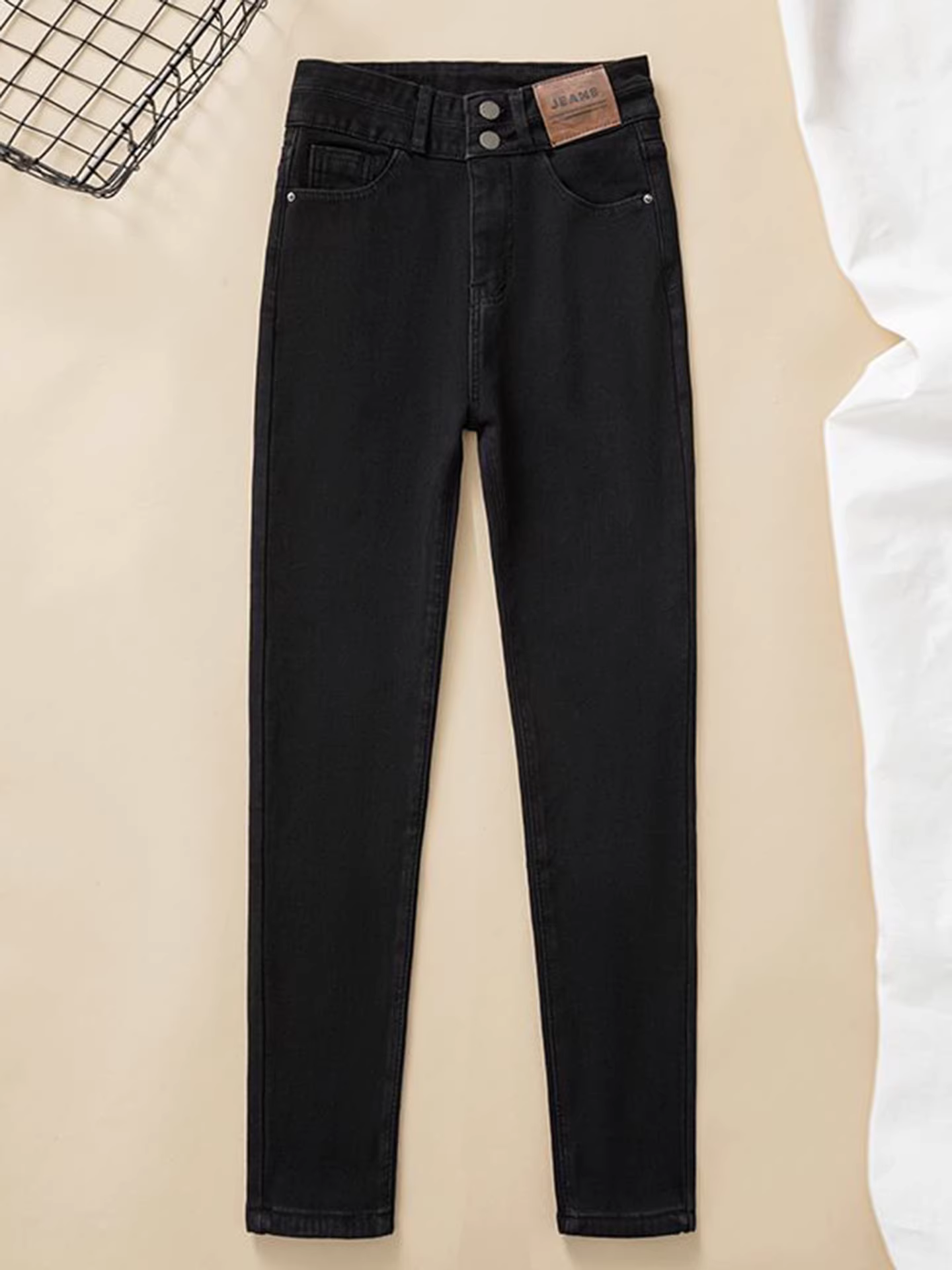 Quần jean nữ La Chapelle màu đen, lót lông cừu, dày dặn, ôm sát, kiểu dáng mới thu đông 2025, cạp cao, dáng bút chì