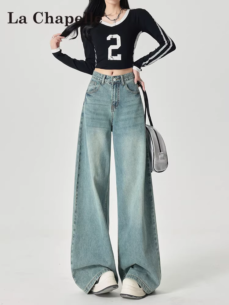 Quần jeans ống rộng lót lông màu sáng La Chapelle dành cho nữ, mẫu mới thu đông 2025, dáng nhỏ nhắn, cạp cao, ống thẳng, rộng rãi