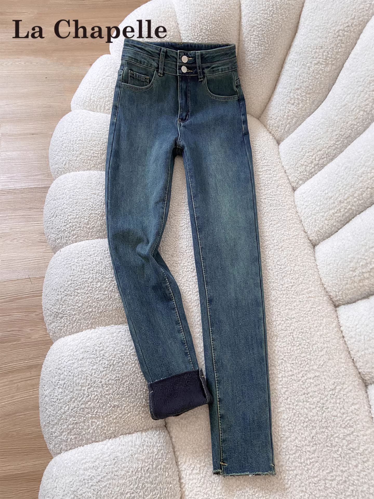 Quần jean nữ La Chapelle lót lông dày, dáng ôm, cạp cao, kiểu dáng bút chì, mới thu đông 2025