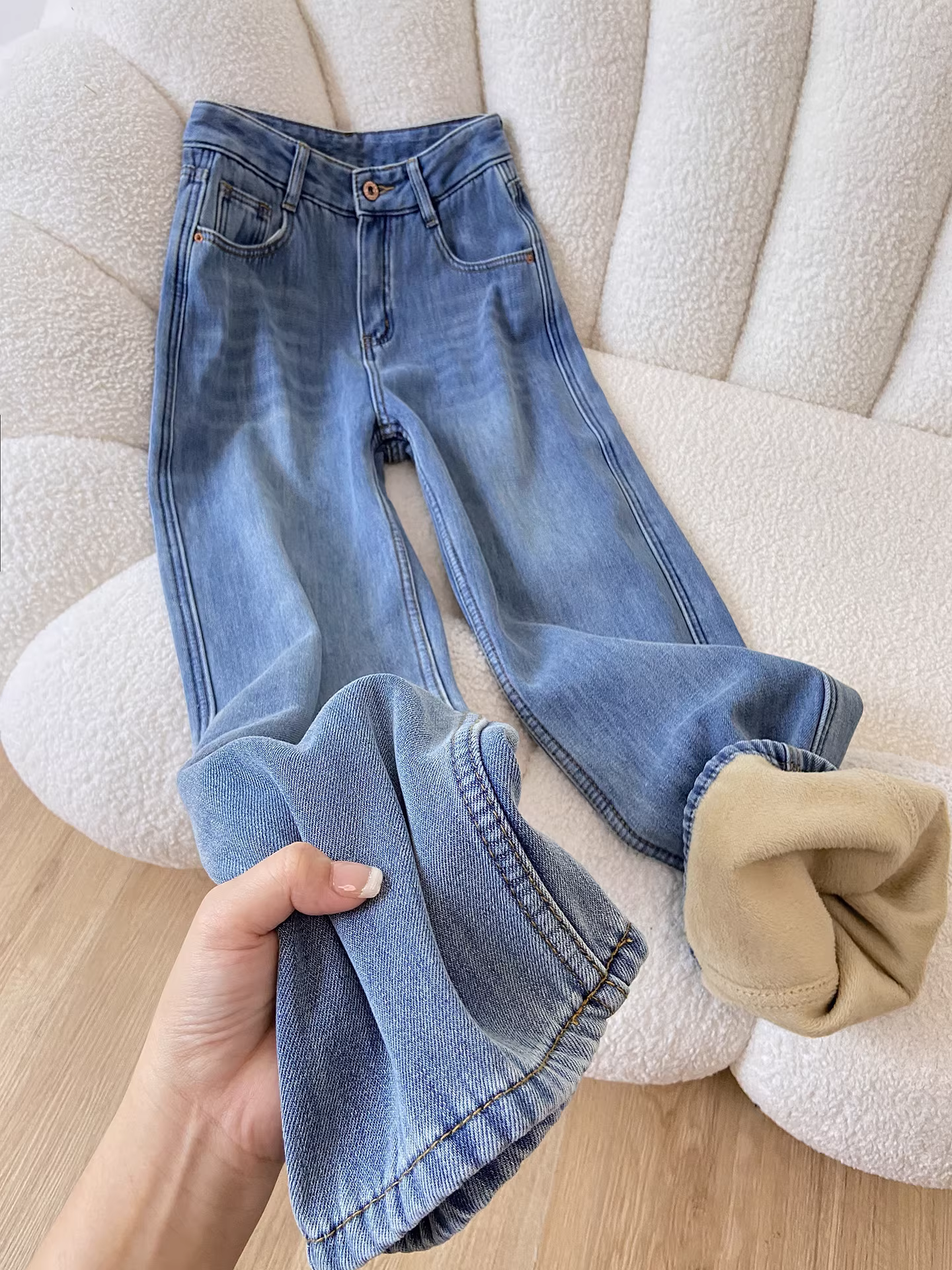 Quần jeans ống rộng lót lông cừu dáng ôm La Chapelle dành cho nữ, thu đông 2025, kiểu mới dày dặn, cạp cao, dáng thẳng rộng