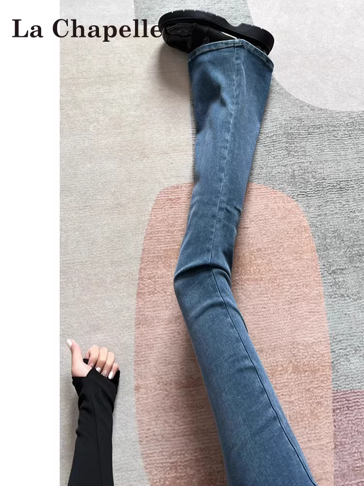 Quần jeans La Chapelle dáng loe retro dành cho nữ nhỏ nhắn, mẫu mới thu đông 2025, cạp cao, lót lông, ôm dáng, kiểu bootcut