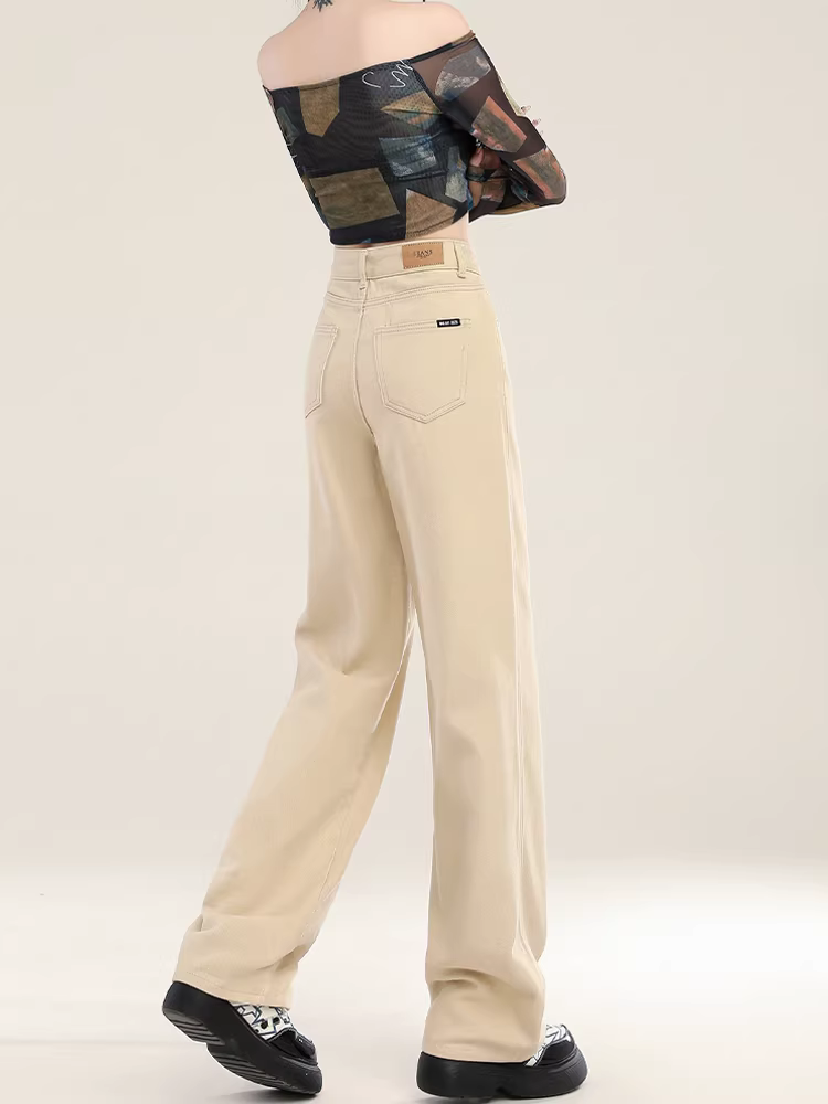 Quần jeans ống rộng lót lông cừu La Chapelle dành cho nữ, mùa thu đông 2025, kiểu dáng mới, cạp cao, dáng rộng, thẳng.