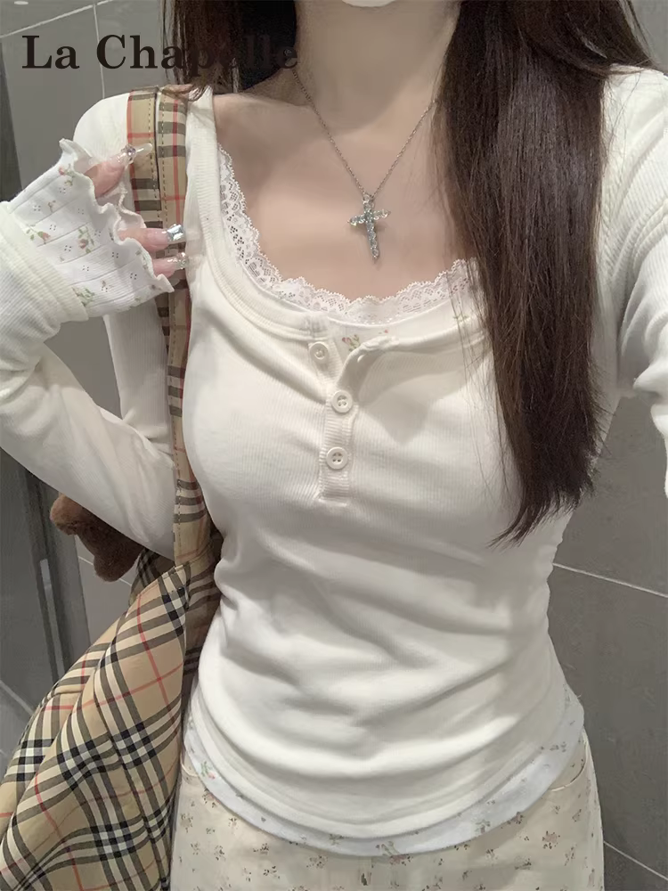 Áo thun dài tay họa tiết hoa La Chapelle dành cho nữ 2025 mới thu đông giả hai mảnh lớp trong