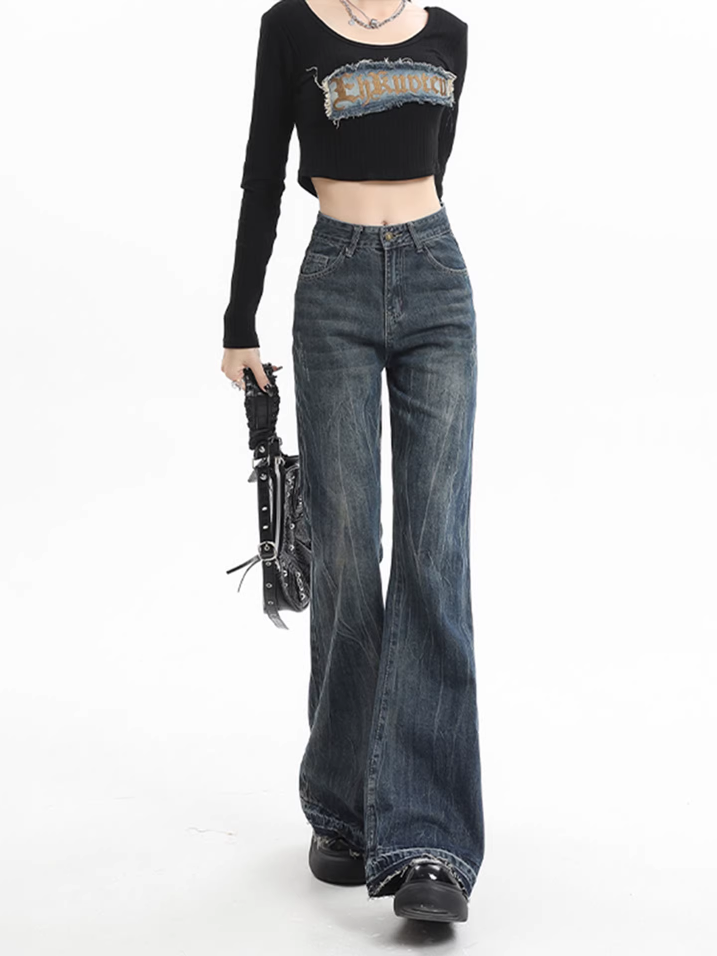 Quần jeans ống loe dày dặn lót lông cừu La Chapelle dành cho nữ, mẫu mới thu đông 2025, ôm sát dáng nhỏ nhắn