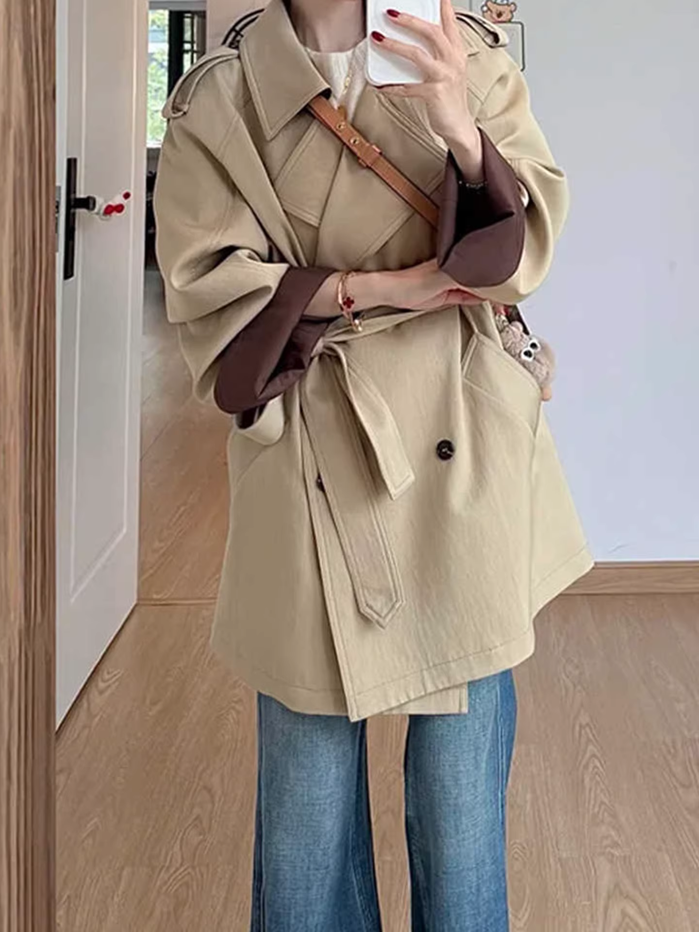 Quần jeans nữ La Chapelle kiểu dáng retro, lót lông dày, ống loe, mùa đông 2025, cạp cao, ôm dáng, kiểu chuông