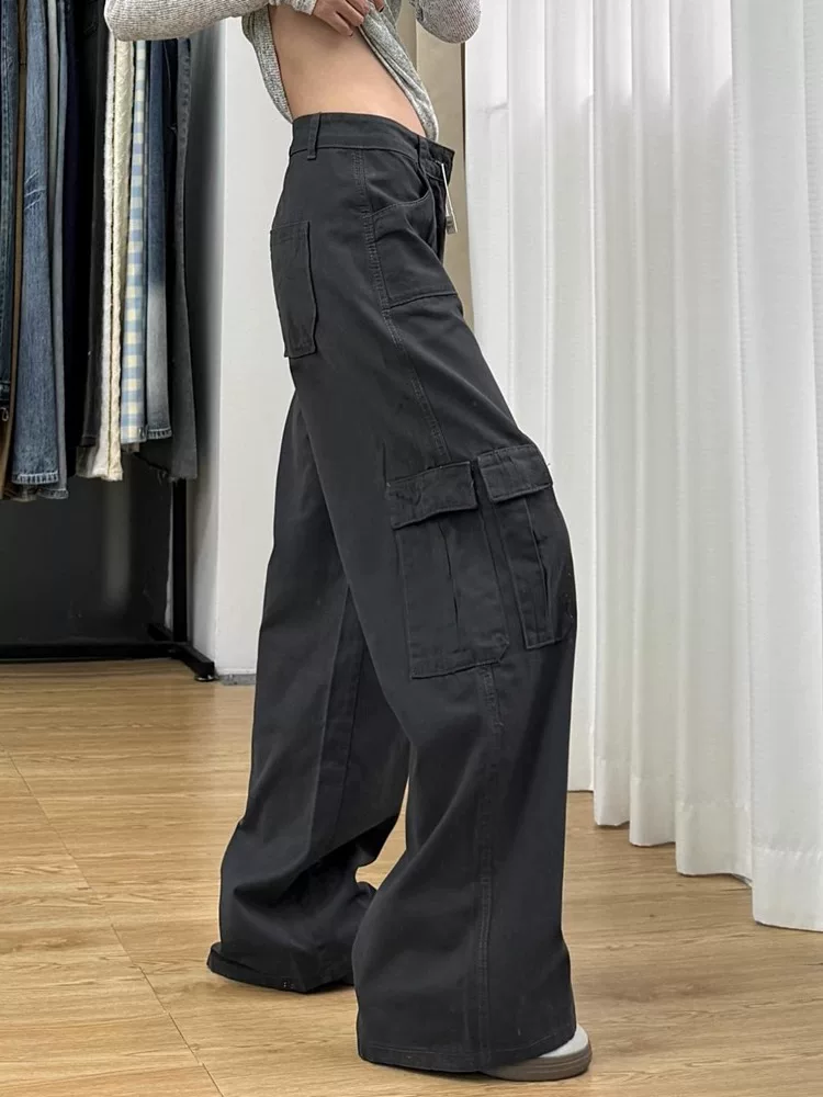 Quần cargo denim ống rộng màu xám La Chapelle dành cho nữ, kiểu dáng mới mùa thu 2025, phong cách Mỹ, cạp cao, dáng thẳng, size nhỏ nhắn