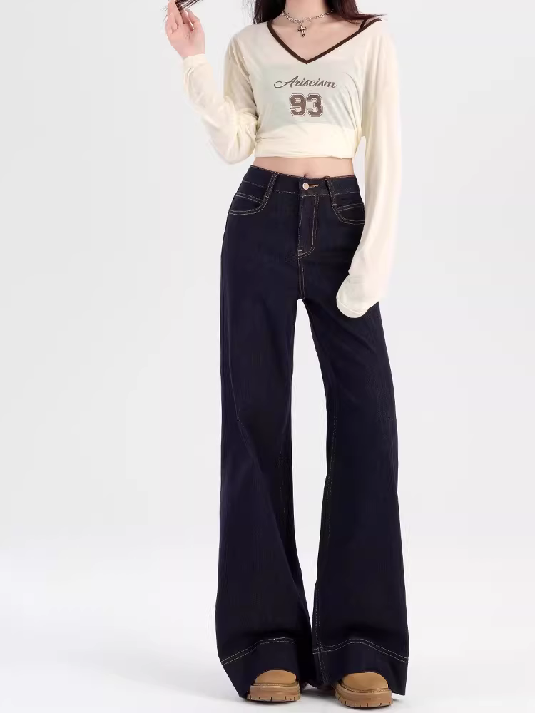 Quần jeans xanh denim dáng loe La Chapelle dành cho nữ, mẫu mới thu đông 2025, cạp cao, lót lông, dáng thẳng, size nhỏ