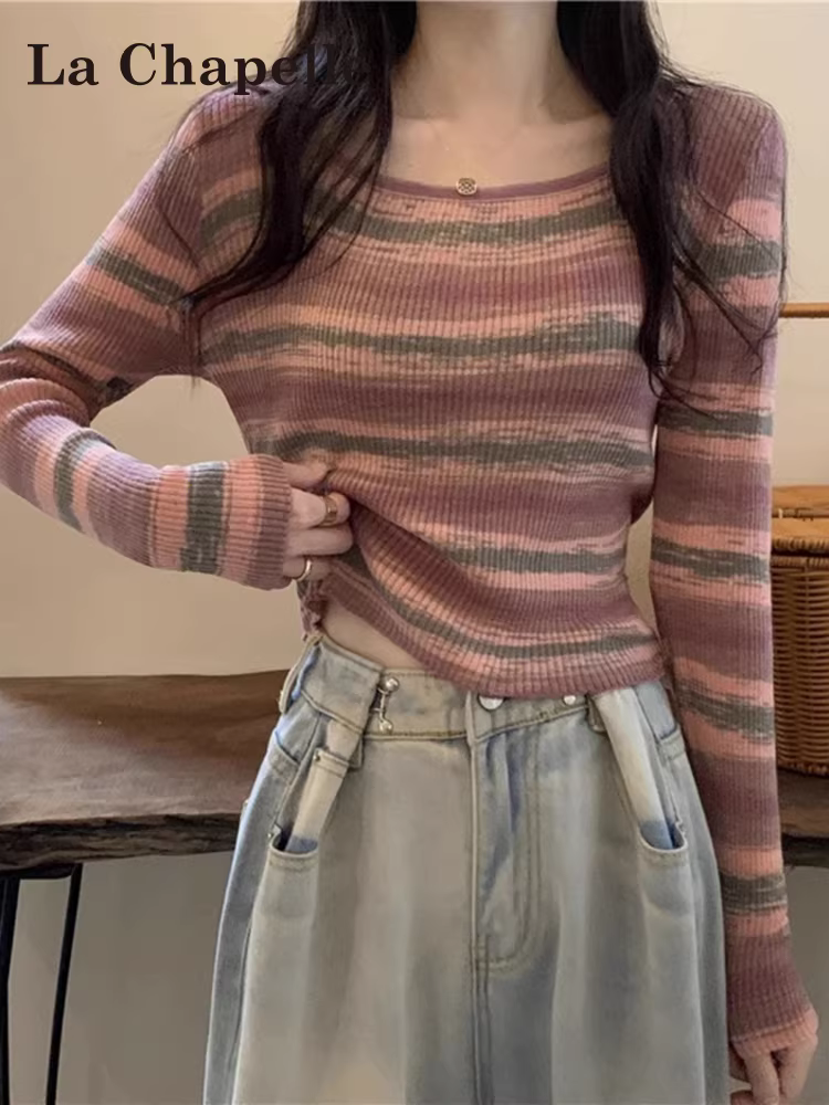 Áo len dệt kim cổ vuông kẻ sọc La Chapelle dành cho nữ, áo lót ngắn ôm sát kiểu mới thu đông 2025.