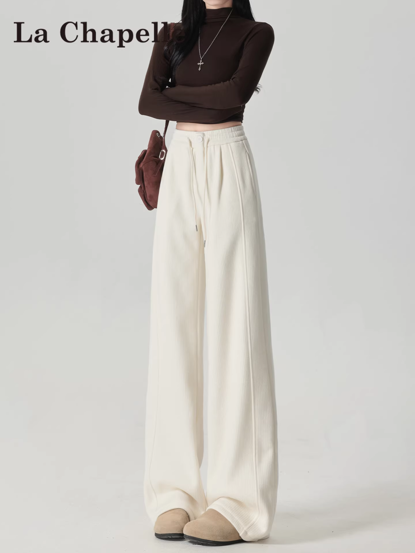 Quần thể thao nữ La Chapelle lót lông cừu dày dặn, kiểu dáng mới thu đông 2025, cạp cao, rộng ống, thoải mái