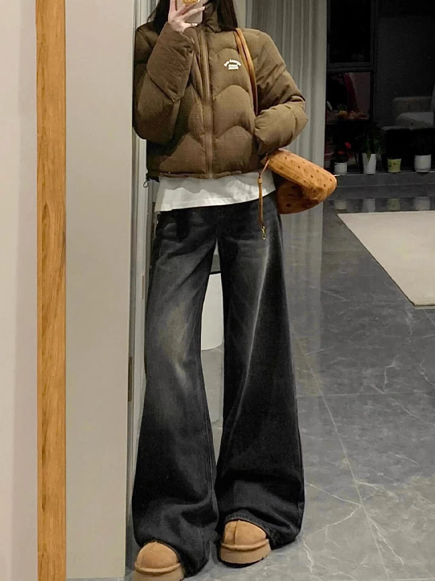 Quần jeans ống rộng lót lông dày La Chapelle dành cho nữ, mẫu mới thu đông 2025, cạp cao, dáng thẳng, size nhỏ nhắn