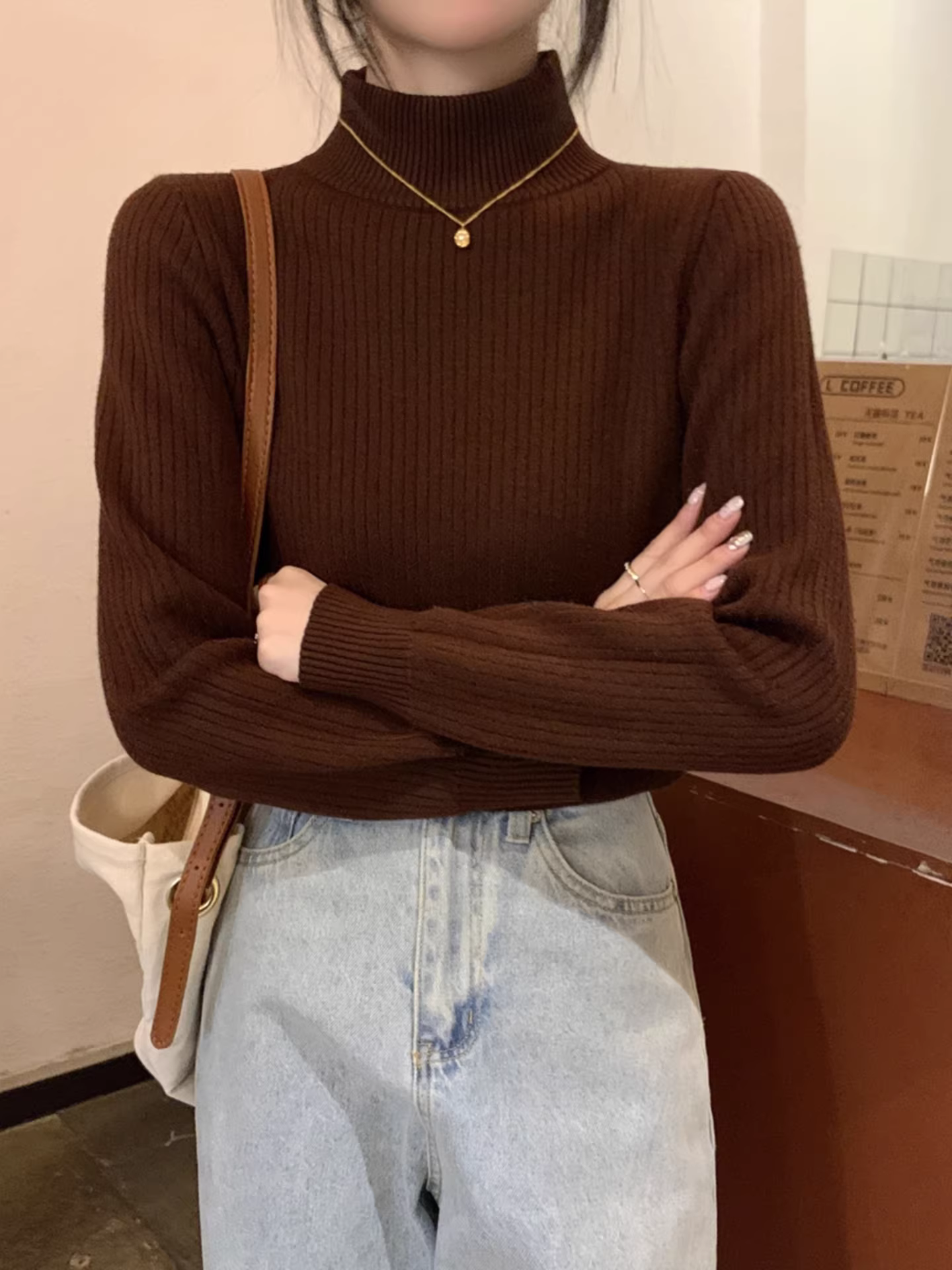 Áo len dệt kim cổ lọ nửa cao màu cà phê La Chapelle dành cho nữ, mẫu mới thu đông 2025, ấm áp, ôm dáng, mặc lót bên trong