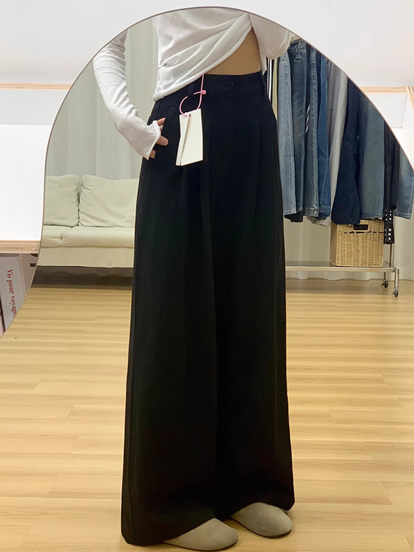 Quần jeans La Chapelle màu trắng, dáng rộng, dài chấm đất, dành cho nữ, mẫu mới thu đông 2025, cạp cao, dáng thẳng, dành cho người nhỏ nhắn