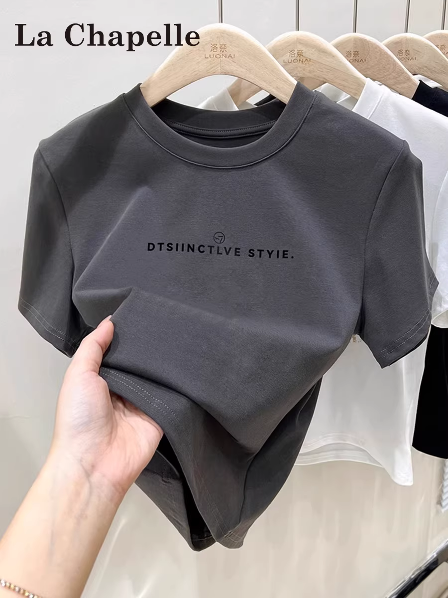 Áo thun ngắn tay in chữ màu xám La Chapelle dành cho nữ 2025 thiết kế cổ tròn vai thường xuyên mùa hè mới