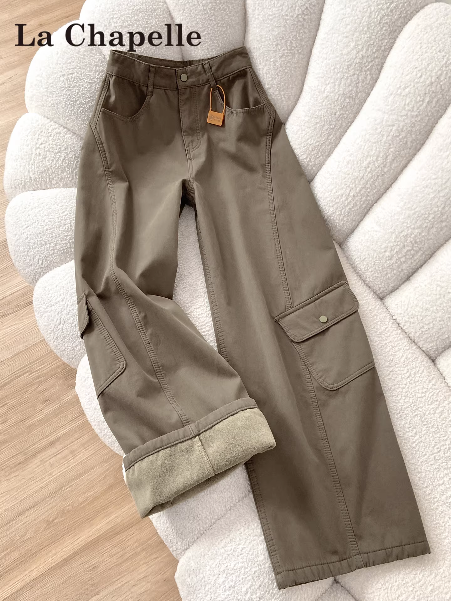 Quần cargo ống rộng dày dặn lót lông phong cách Mỹ La Chapelle dành cho nữ, mẫu mới thu đông 2025, cạp cao, dáng suông, chất liệu thoải mái
